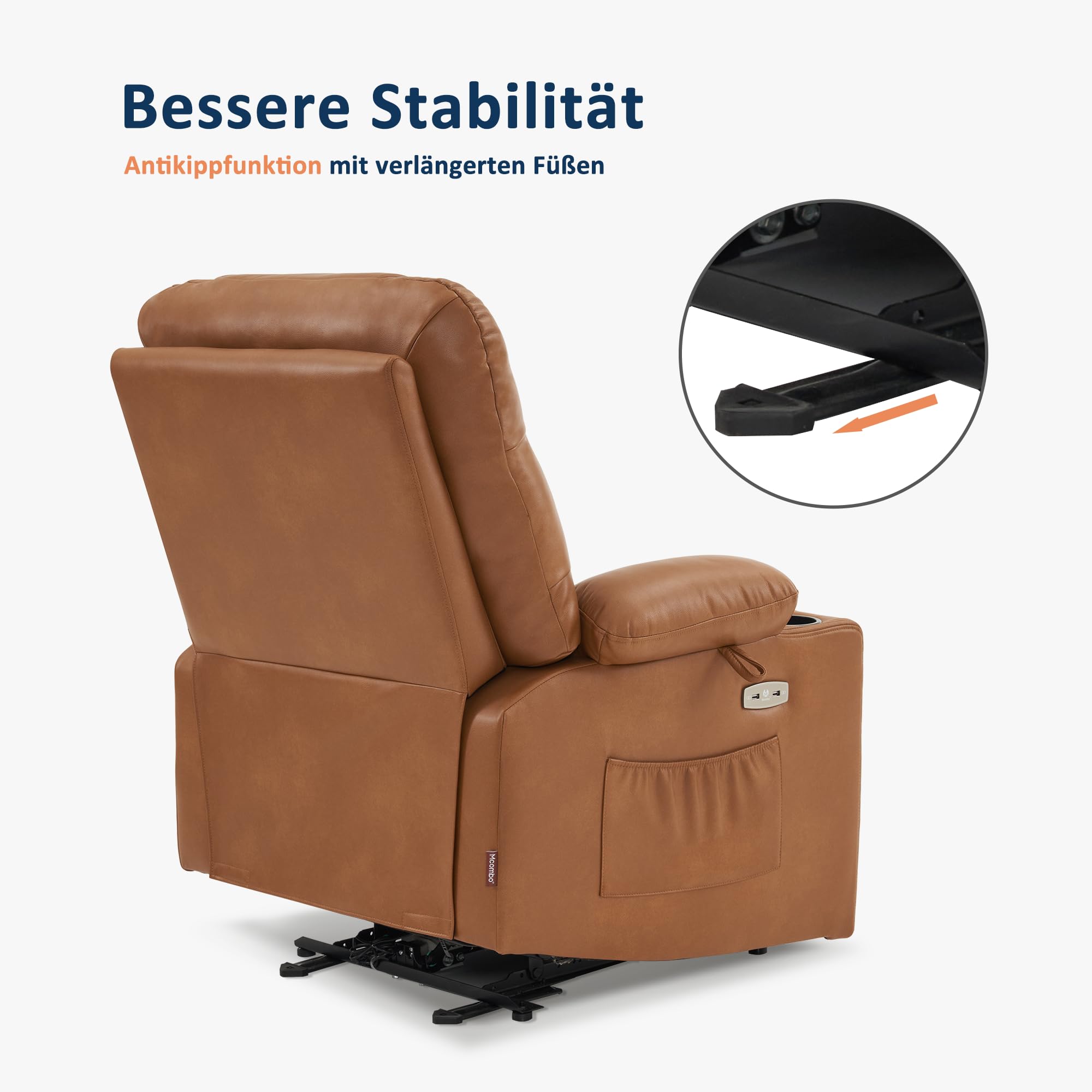 M MCombo Relaxsessel mit Liegefunktion, Fernsehsessel Elektrisch Verstellbar, TV Sessel, Recliner Chair, Atmungsaktiver Kunstleder, USB & Getränkehalter, Wohnzimmer, 7033 (Braun)