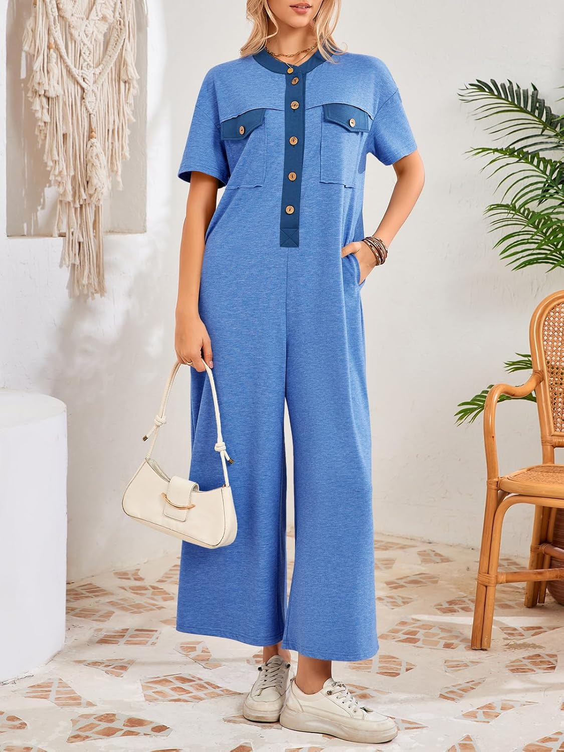 Fisoew Womens Casual Loose Jumpsuits Short Sleeve V-Neck Button Down One Piece Outfits Wide Leg Summer Long Pant Rompers - Image 2