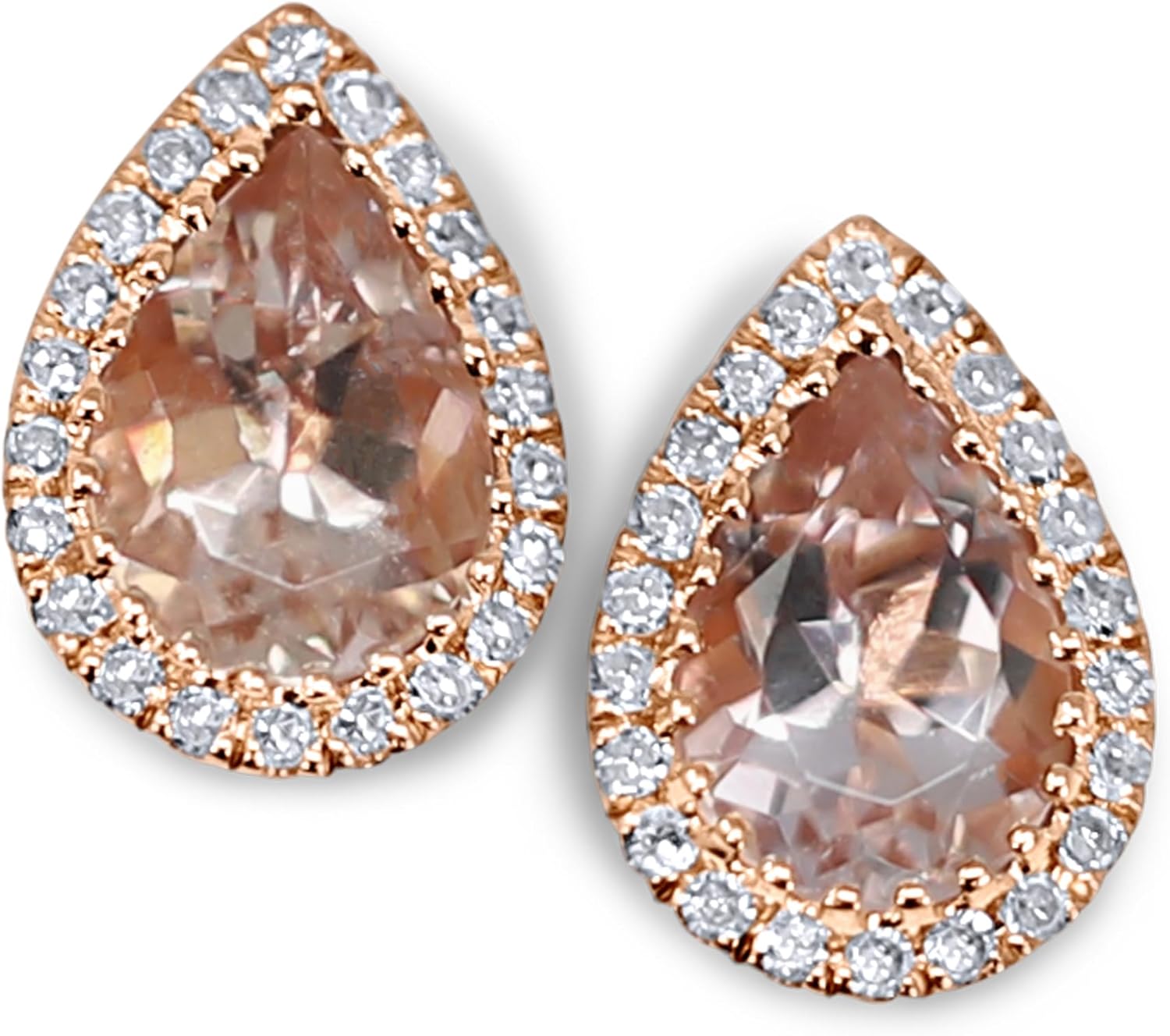 14K Rose Gold Genuine Morganite 1 Ct Pear Stud Earrings with Diamonds.