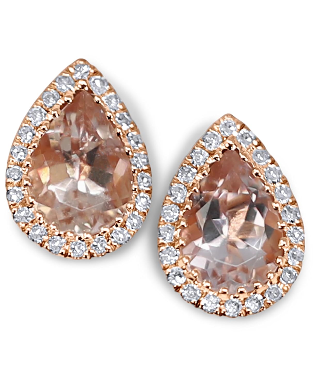 14K Solid Rose Gold Genuine Morganite 1 Ct Pear Shaped Earrings with Natural Diamonds