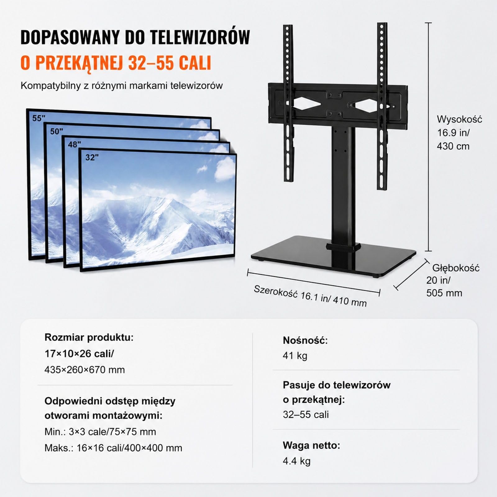 Uniwersalny stojak pod telewizor na kółkach, obrotowy i z regulacją wysokości, z systemem prowadzenia kabli