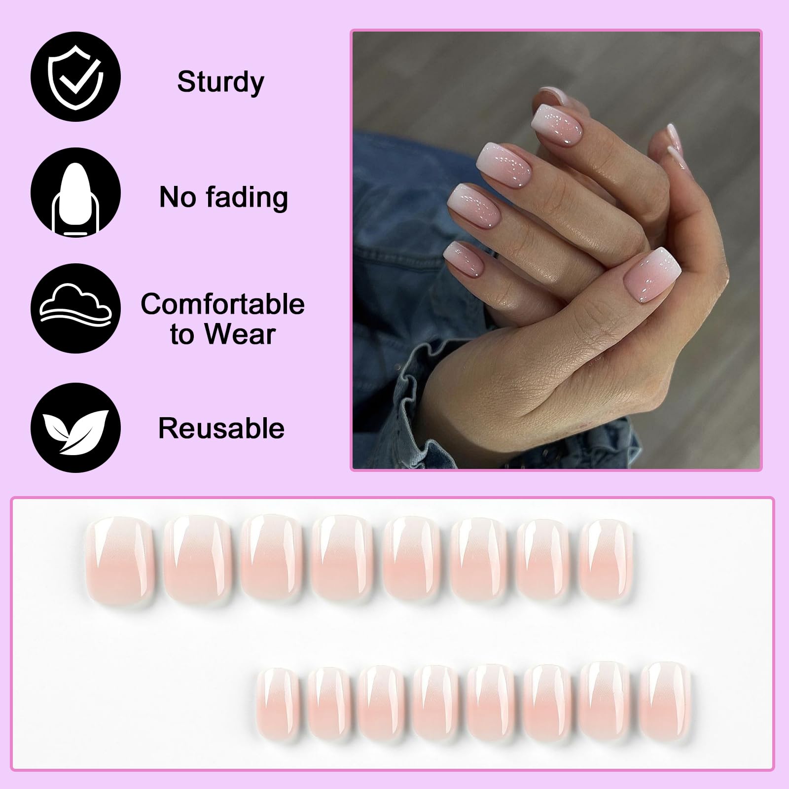 Ceboic 24Pcs Short Square False Nails, Nude Pink Gradient French Tip Press on Nails - Image 2