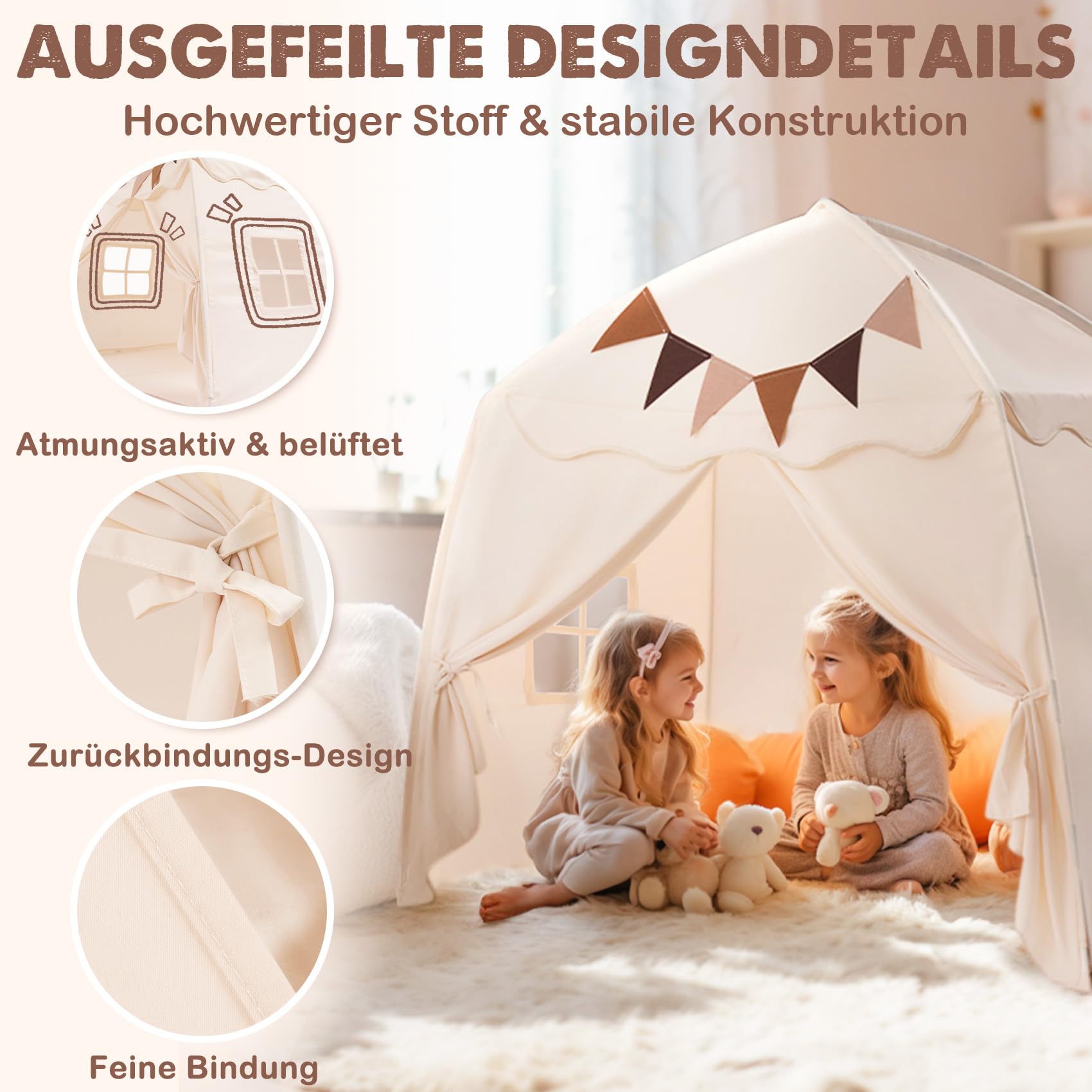 Mallify Kinderzelt Indoor, Spielzelt mit Lichtern, 150 x 100 x 150 cm Tipi Zelt Kinderzimmer (Creme)