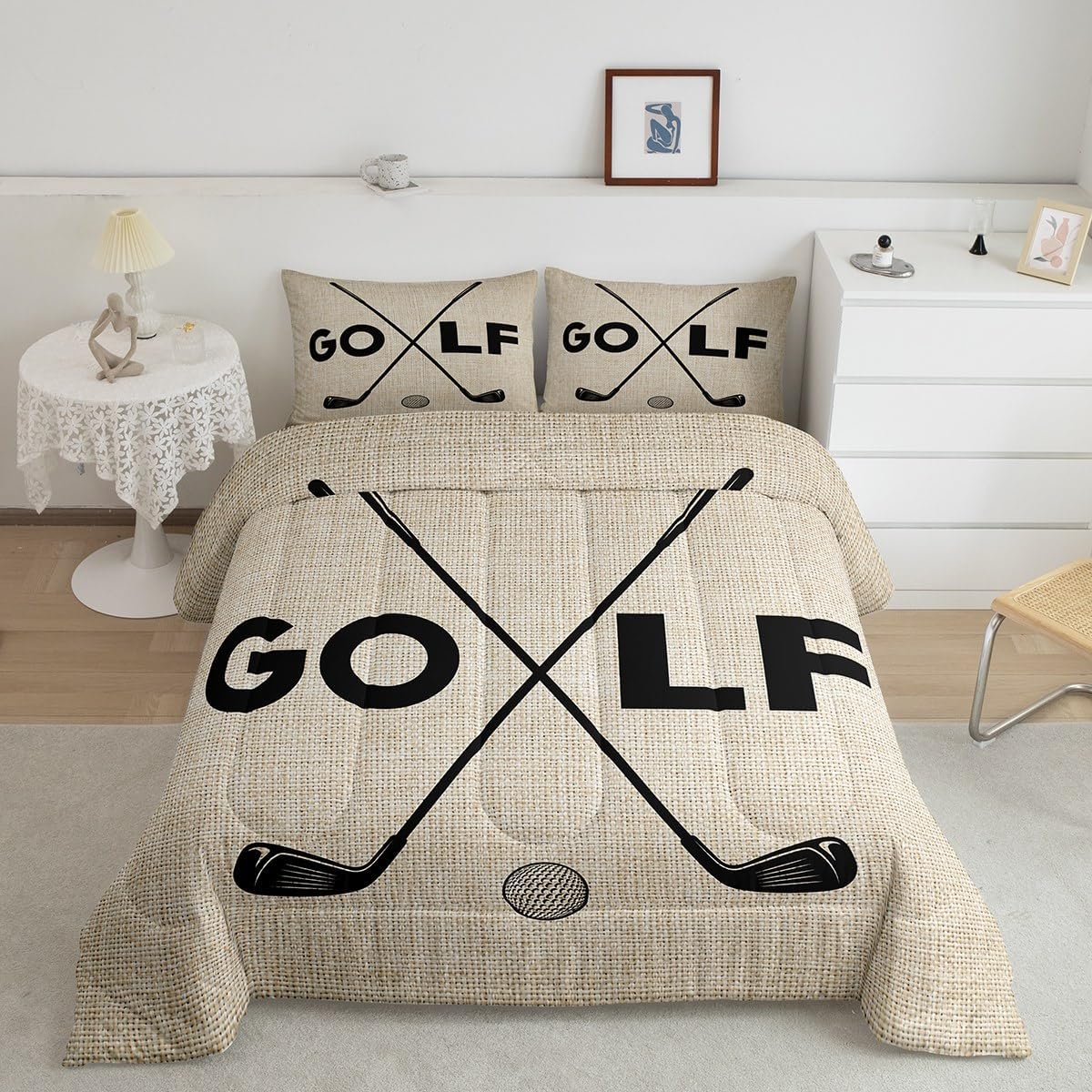 Golf Sports Bedding Set Full Size Black Sketch Golf Ball Comforter Set 3Pcs Rustic Farmhouse Khaki Grid Quilt Set for Teens Adult Men Room Decor Golf Games Lover Duvet Insert,2 Pillowcases