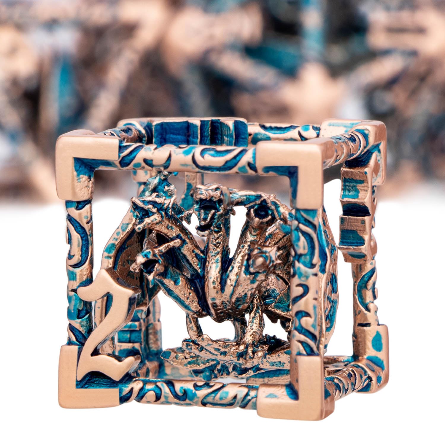 ARUOHHA Hollow DND Dice Set Copper Blue 5-Headed Dragons D and D Dice with Gift Box, Role Playing Games 7PCS Metal RPG Dungeons Polyhedral Dice D20