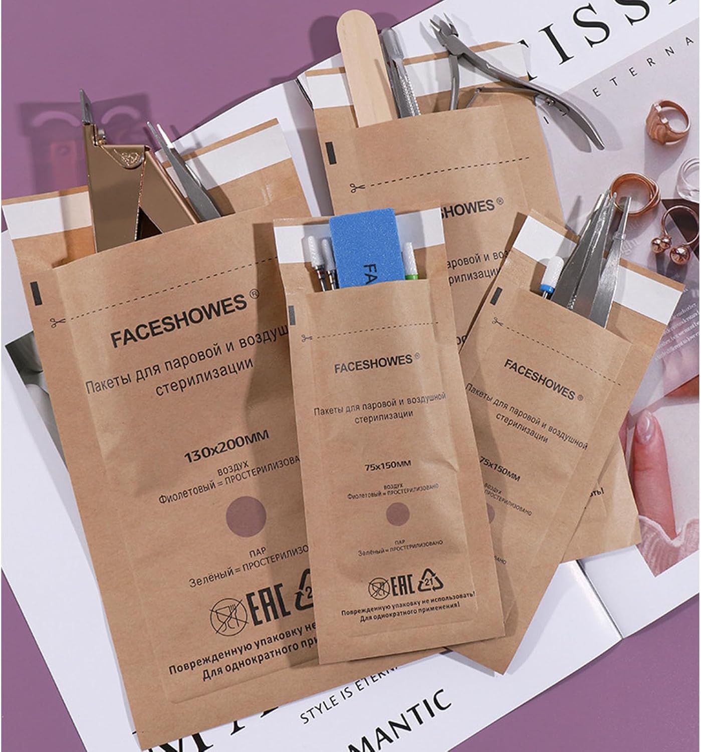 Self-Sealing High Temperature Sterilization Dry Heat Kraft Paper Sterilization Pouches Beauty Nail Salon Barbershop Tools Self-Sealing Sterilization Bags (50pcs Medium)