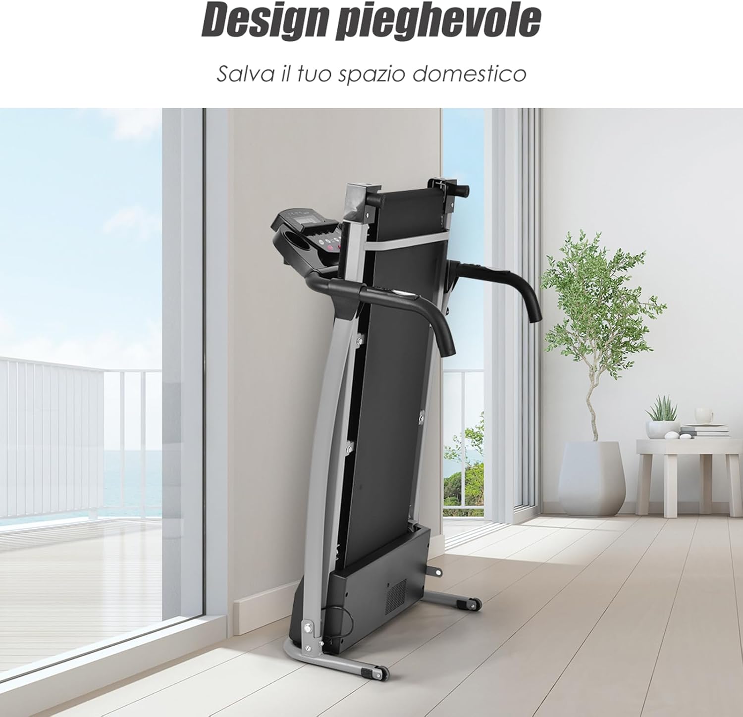 COSTWAY Foldable Electric Treadmill in its folded, upright position, stored against a wall