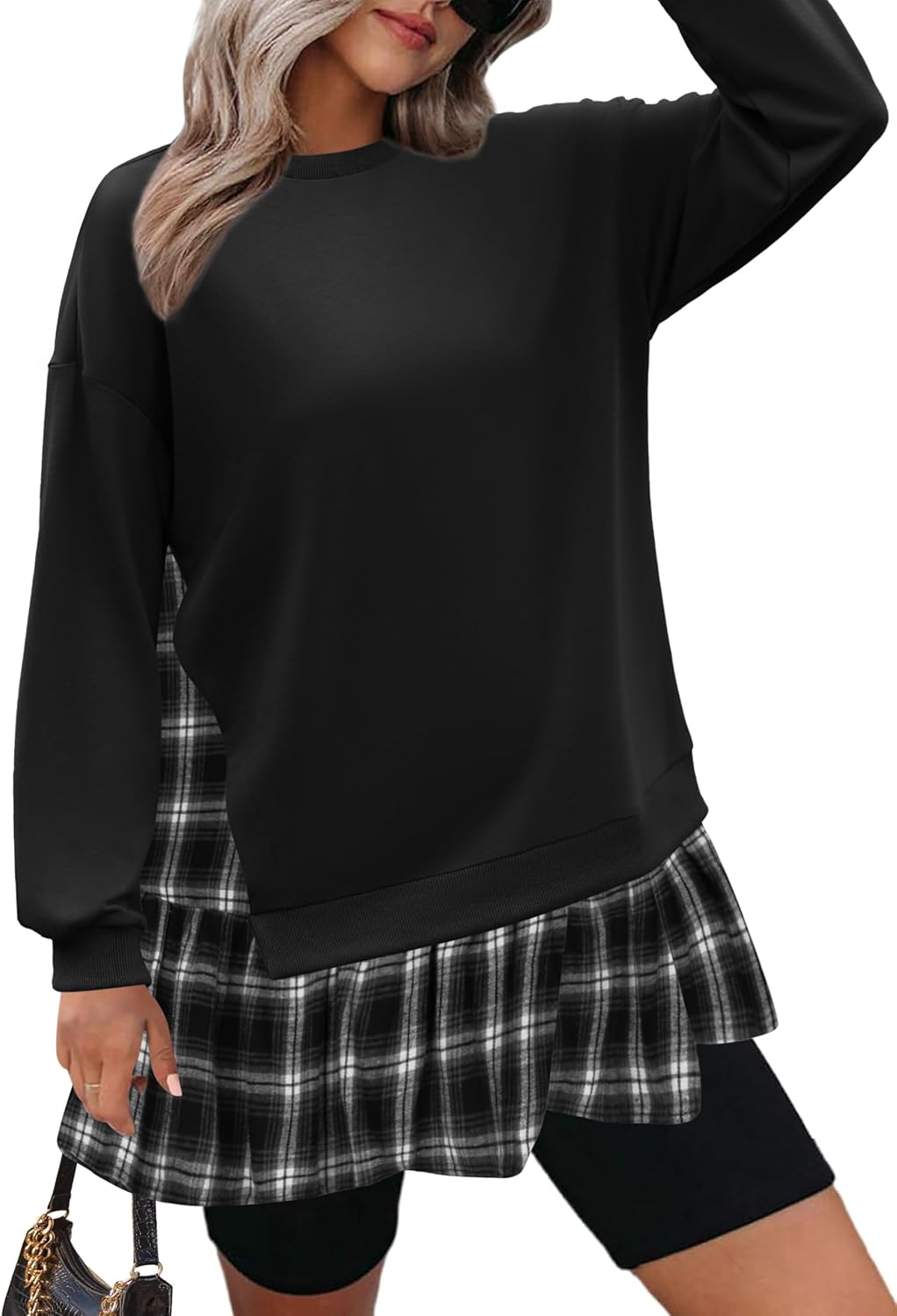 Zeagoo Womens Sweatshirts Plaid Patchwork Crewneck Preppy Long Sleeve Hoodie 2024 Trendy Teen Girls Flowy Pullover Top Black Plaid Medium