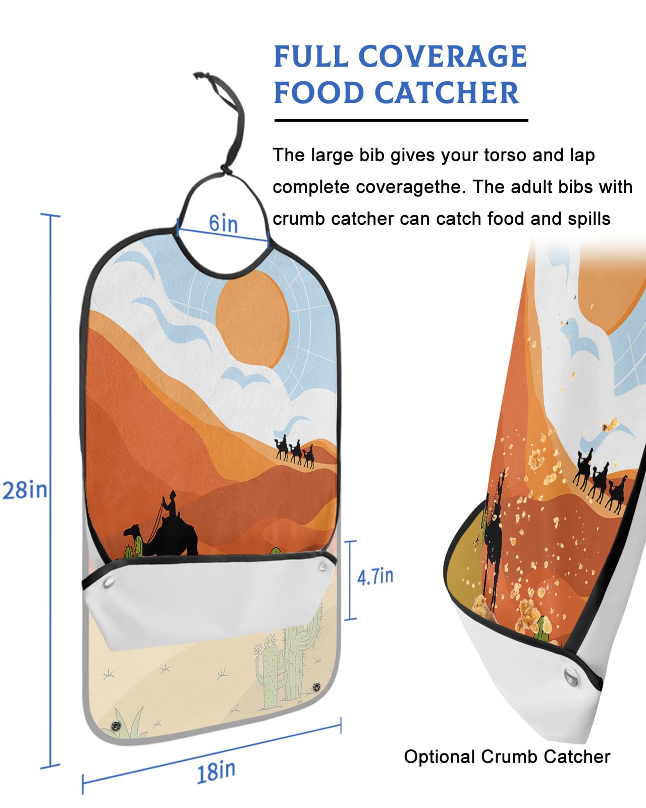 Desert Cactus Adult Bib for Eating with Crumb Catcher,Washable & Waterproof Terry Cloth Adjustable Elderly Women Men Adult Bibs Funny Apron Clothing Protector Cartoon Mountain Sun Cloud Blue Sky