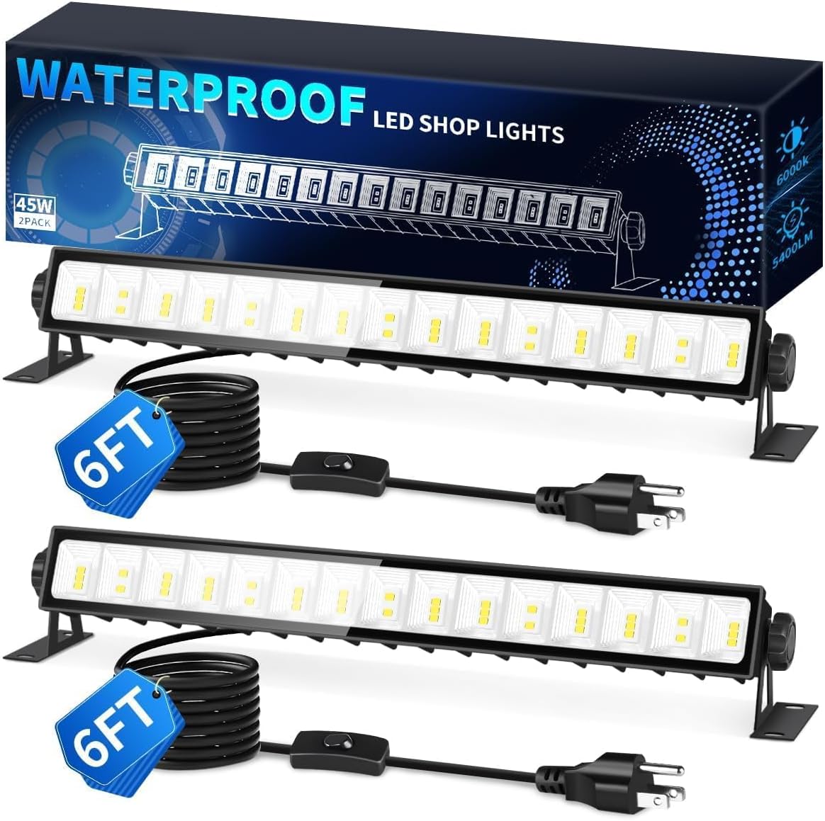 THECHAM IP66 Waterproof 45W LED Shop Lights, 5400LM 6000K Daylight White Garage Light with 6FT Power Cord & Switch, Plug in LED Work Light for Garage WorkbenchWorkshop Warehouses Basement Yard 2 Pack