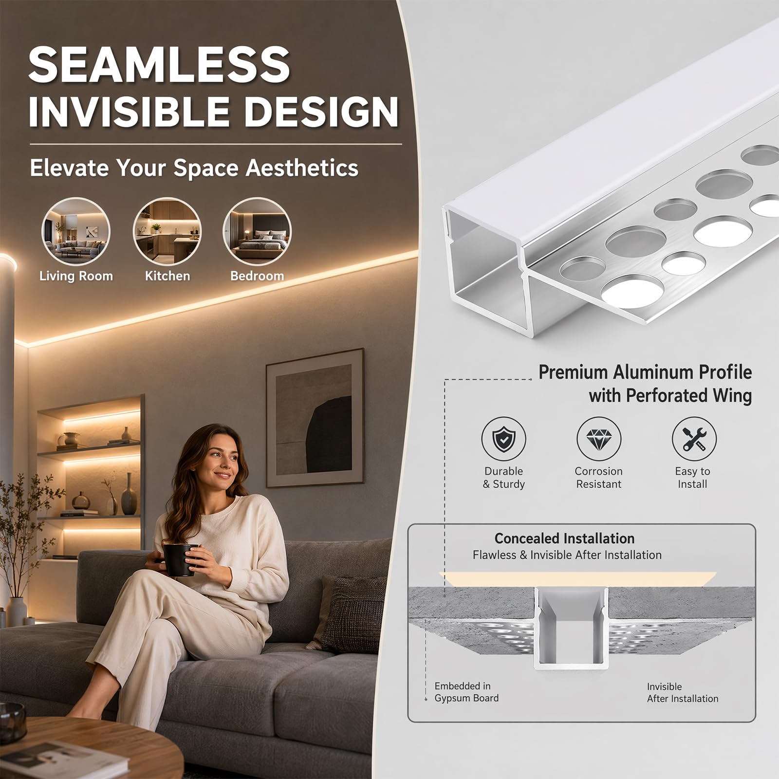 LED Putzprofil 1m 6er Set, flächenbündiges Aluminium Einbauprofil
