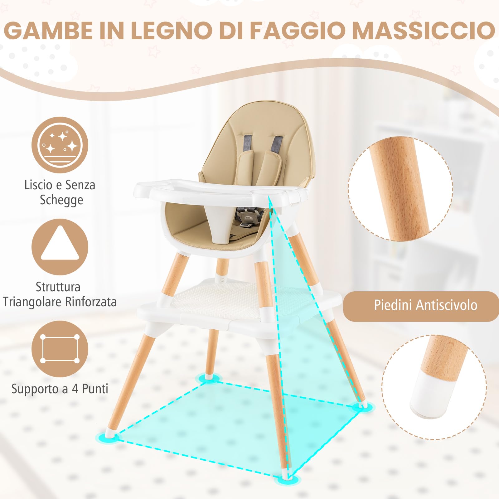 RELAX4LIFE 4 in 1 Seggiolone Pappa, Seggiolone Evolutivo con Vassoio Rimovibile e Cintura di Sicurezza, Altezza Regolabile in 4 Posizioni, per Bambini e Neonati 6-36 Mesi (Standard, Beige)