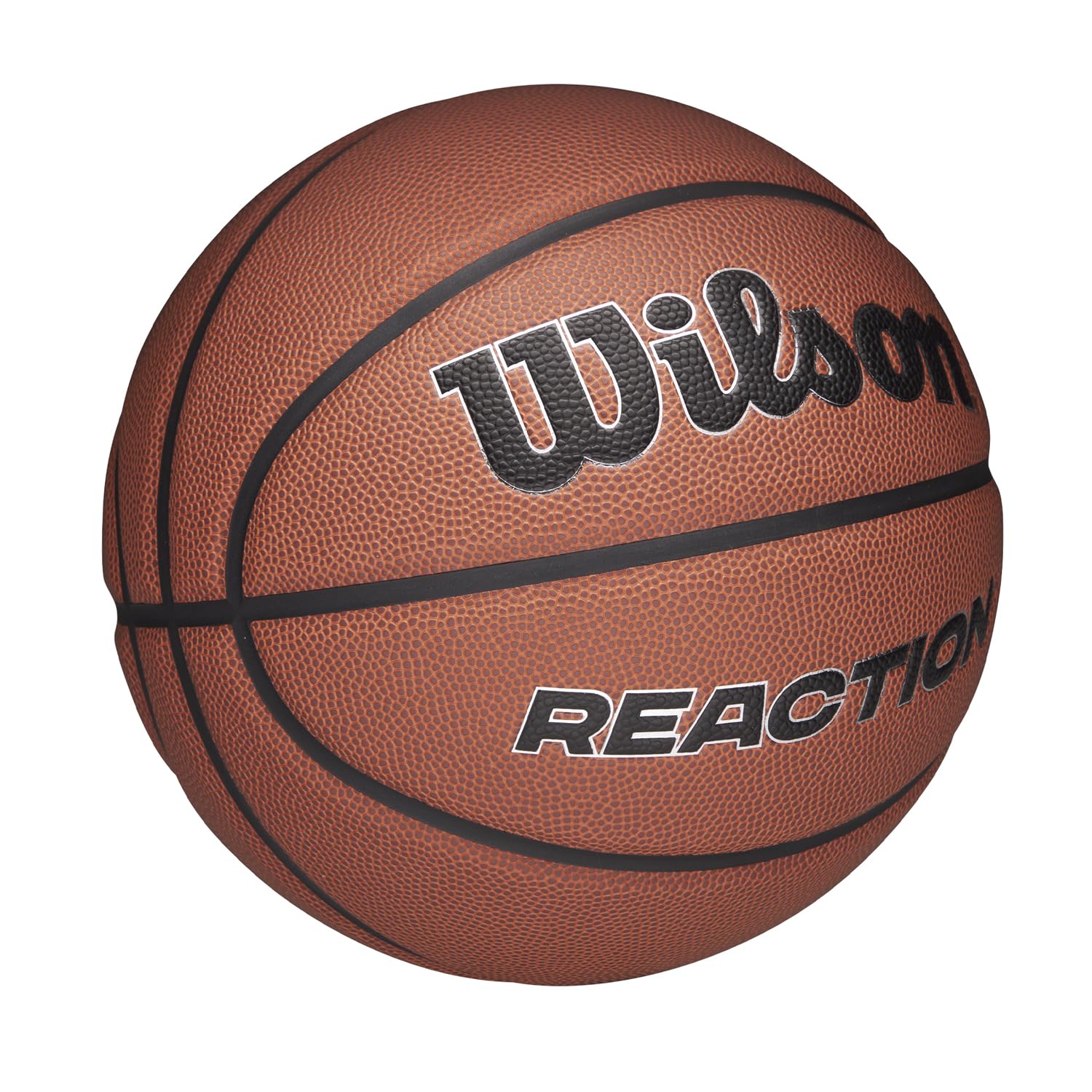 Wilson Pallone da Basket Reaction Plus, In Materiali Compositi Resistenti con Design a Canali Profondi, Marrone/Argento, Misura 5
