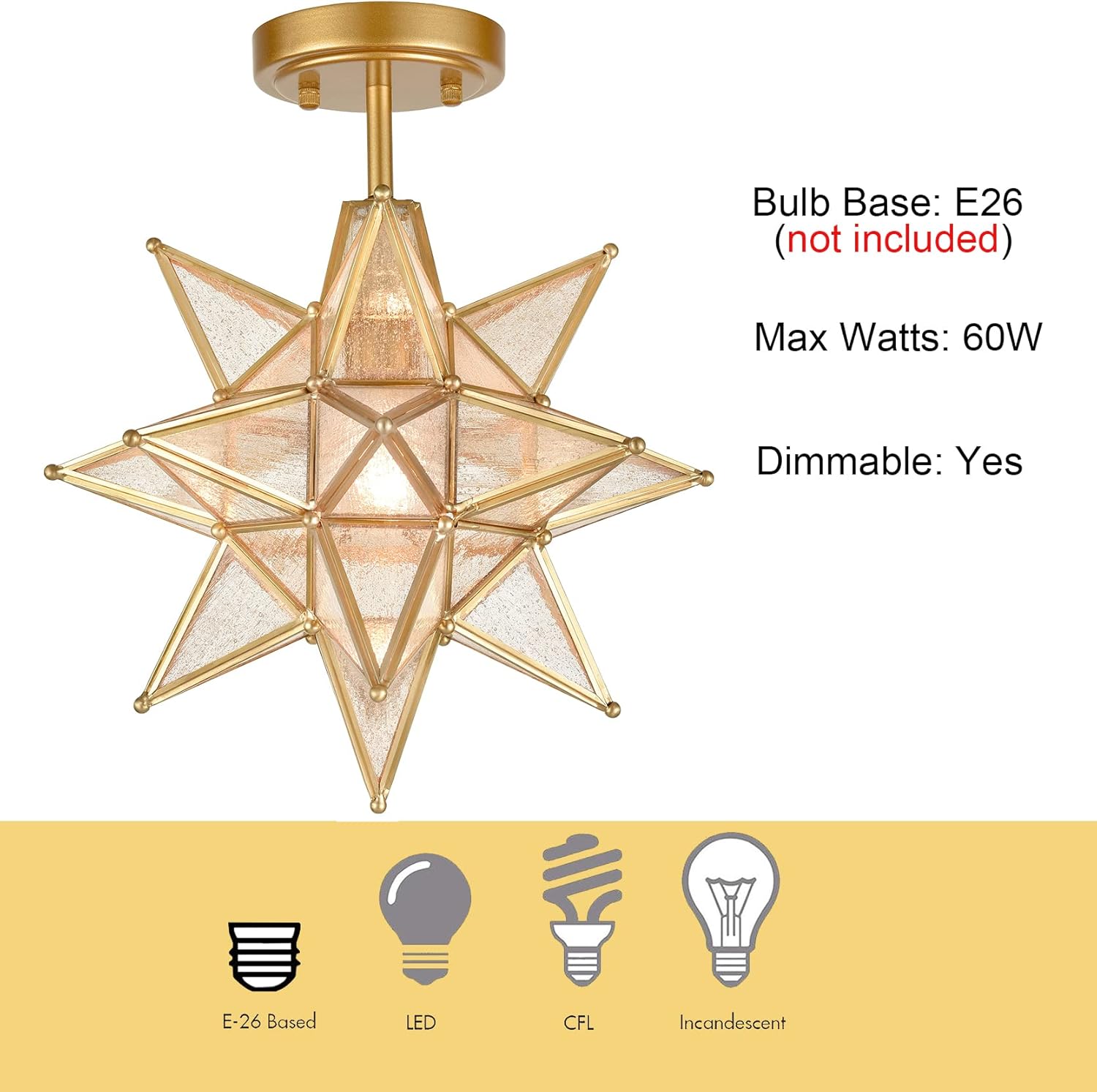HYDELITE Brushed Gold Moravian Star Ceiling Light with Seeded Glass Semi Flush Mount Ceiling Light for Foyer Hallway