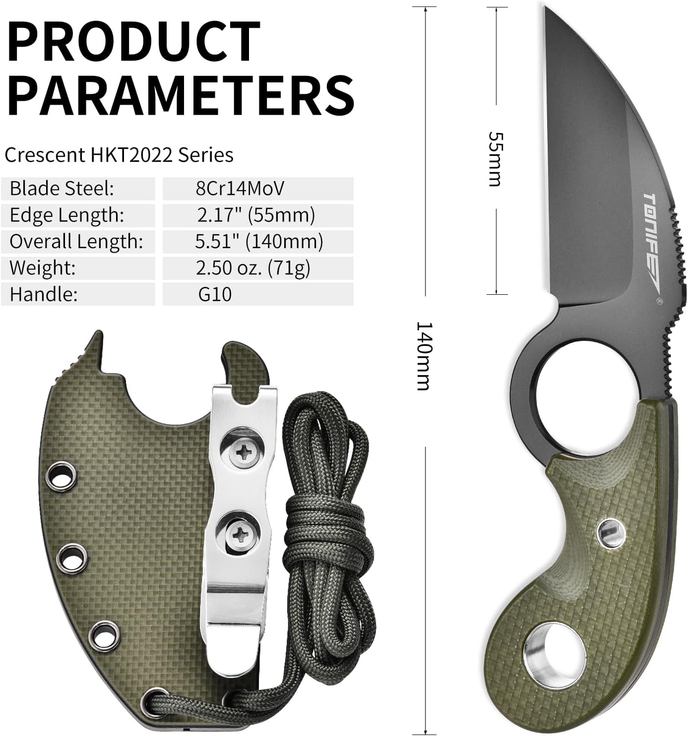 TONIFE Small Fixed Blade Knife Full Tang EDC Camping with Sheath Lanyard and Clip, Blade Length 2.17",2.5 oz.with Sheath (Green - Gray Titanium)