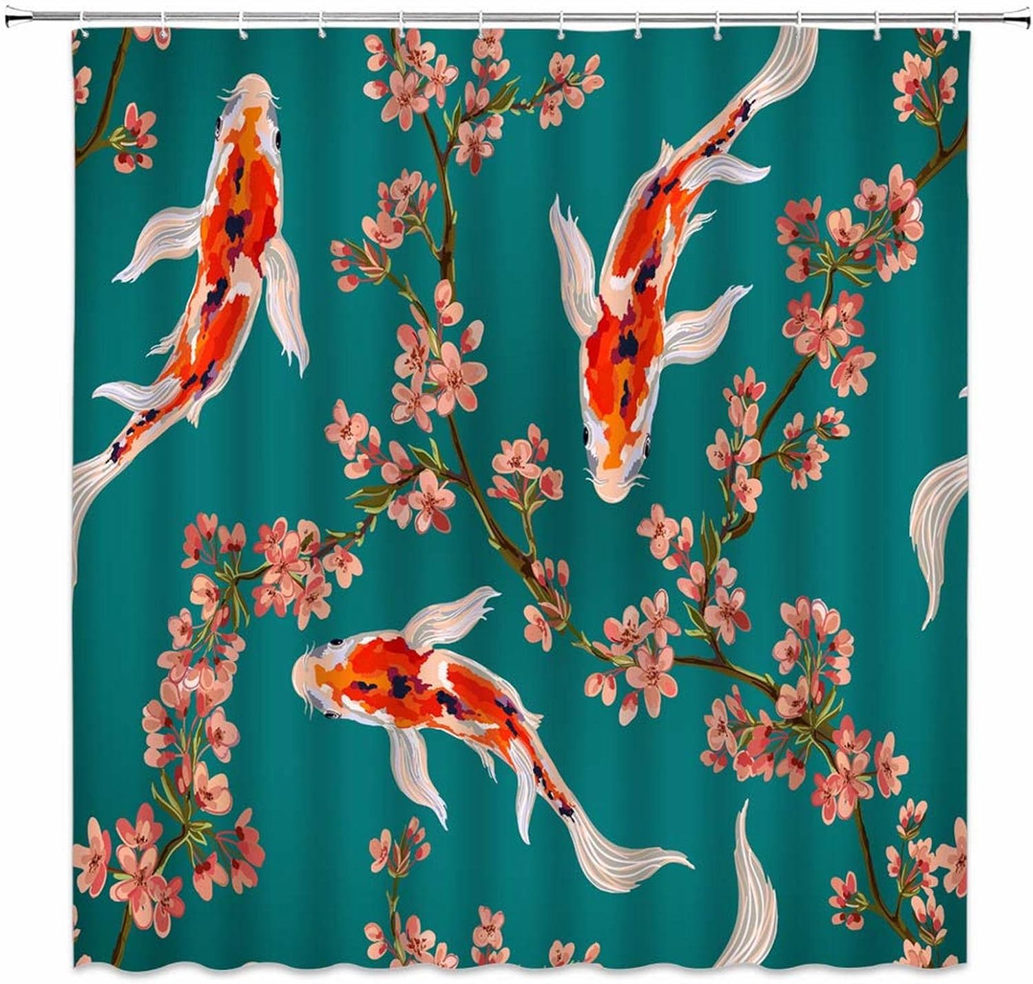 YSATNSFT Koi Fish Shower Curtain Asian Janpanse Pink Cherry Blossoms Bloom Flower
