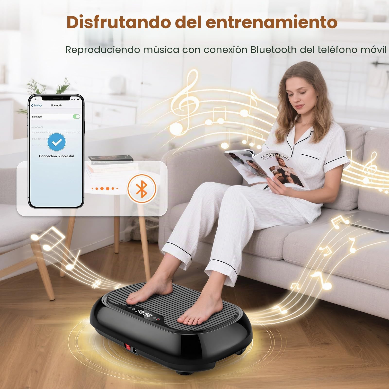 Plataforma Vibratoria, Plataforma Vibración Adelgazar con 9 Modos, 120 Niveles de Intensidadcon, 4 Bandas de Resistencia, 150 kg, Altavoz Bluetooth y Mando, para un Entrenamiento Completo del Cuerpo.