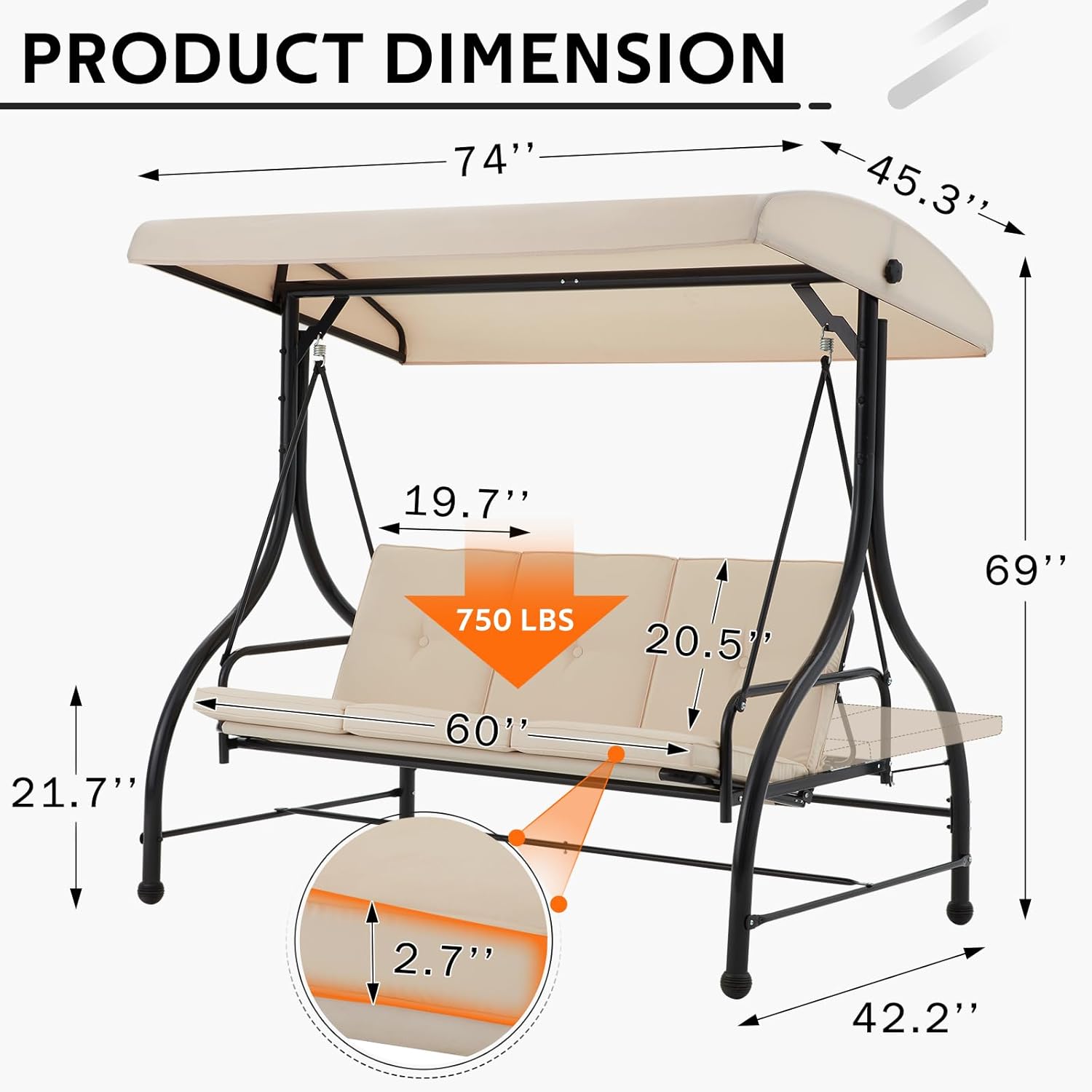 U-MAX Porch Swing Chair with Adjustable Backrest&Canopy, 3 Seat Patio Swing with Canopy 2-in-1 Convertible Outdoor Swing with Canopy Patio Daybed with Removable Beige Cushions for Adults
