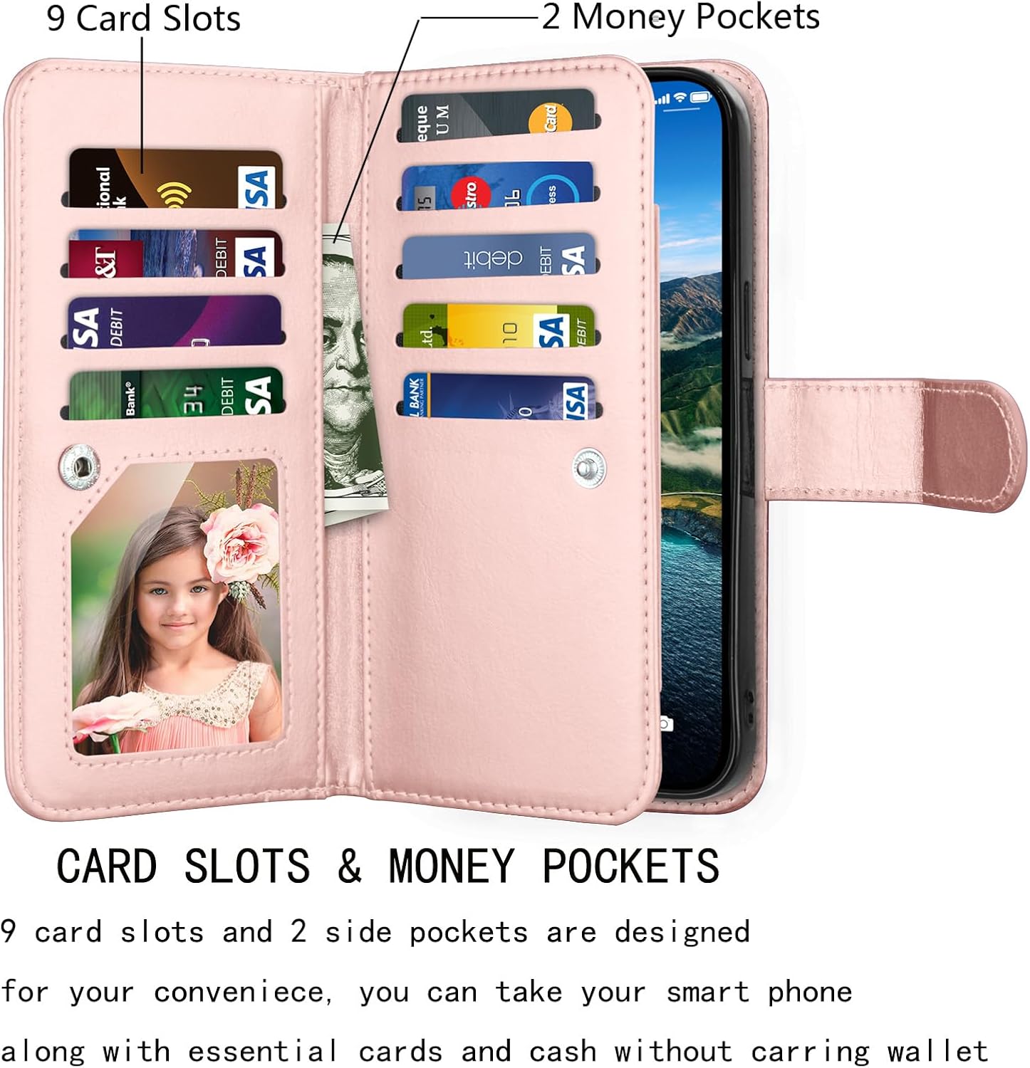 Njjex Wallet Case for iPhone 15 Plus 6.7" 2023, for iPhone 15 Plus Case, [9 Card Slots] PU Leather ID Credit Holder Folio Flip [Detachable] Kickstand Magnetic Phone Cover & Lanyard [Rose Gold] - Image 2