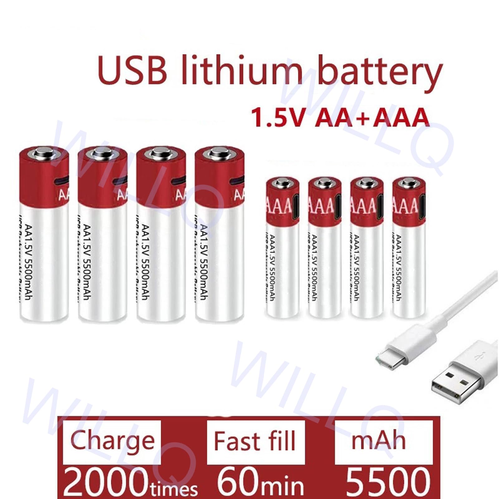 Batteria Ricaricabile USB agli ioni di Litio di Tipo C Batteria AA+AAA da 1,5 V 5500 mAh Batteria a Lunga Durata e Uscita costante Carica Rapida da 1,5 V e 1 Ora