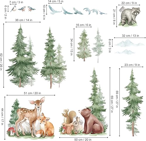 Miniatura 4 de wondever Calcomanías de pared de árbol de montaña, pino grande, bosque, oso, zorro, calcomanías de arte de pared para habitación de los niños,
