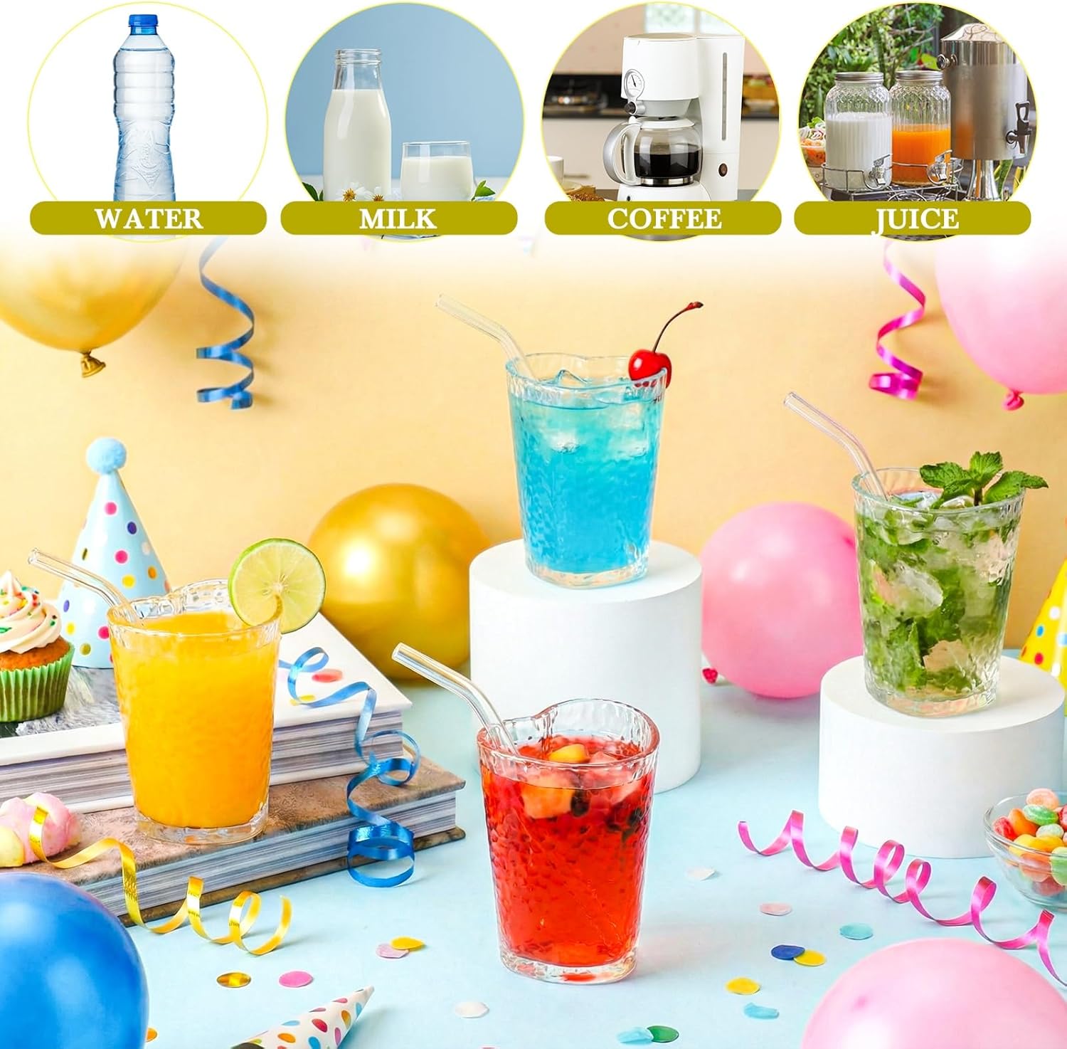 Skylety 6 Sets Heart Glass Tumbler with Straw Clear Ribbed Coffee Glasses Love Drinking Cup for Milk Juice Tea Summer Drinkware Wedding Birthdays Decor School Supplies, 5 oz(Hammered) - Image 4