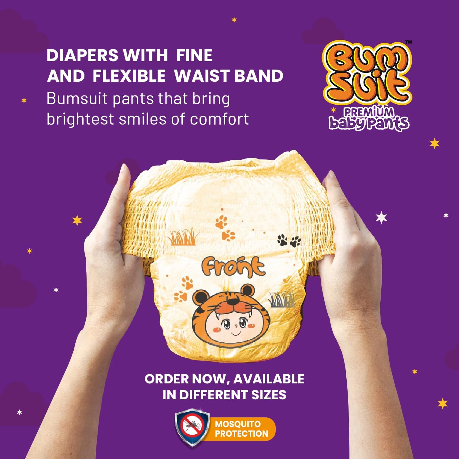 Bumsuit Premium Baby Pants Diapers Medium (7–12kg), 32 Count | India’s 1st Mosquito Protection | 12 Hr Absorption | Soft Cottony Breathable Fabric | 3D Liner Technology | Leak Guard & Rash-Free Comfort 1