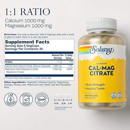 Miniatura 7 de Solaray Citrato de calcio y magnesio de 1000 mg de relación 11, suplemento de fuerza ósea, músculo, sistema nervioso y apoyo a la salud ósea,
