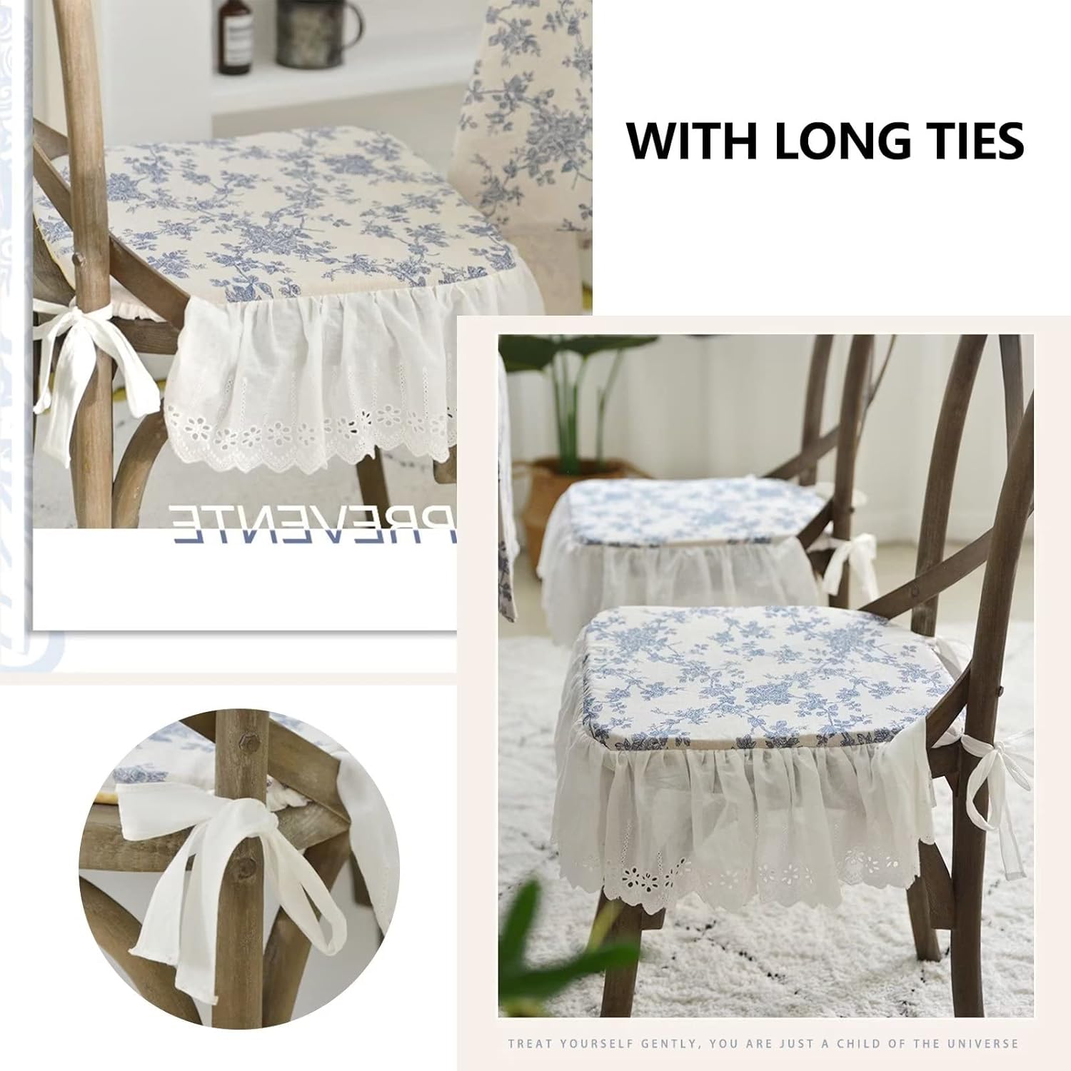 Dining Chair Cushions Set of 6, Seat Pads for Kitchen Chairs with Drape, Non Slip Chair Pads with Zipper, Breathable and Skink-Friendly Fabric Suitable for All Seasons