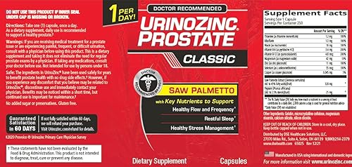 Miniatura 2 de Urinozinc Suplemento clásico de próstata para hombres, 1 cápsula por día, Saw Palmetto y vitaminas B (suministro para más de 8 meses, 250 unidades)