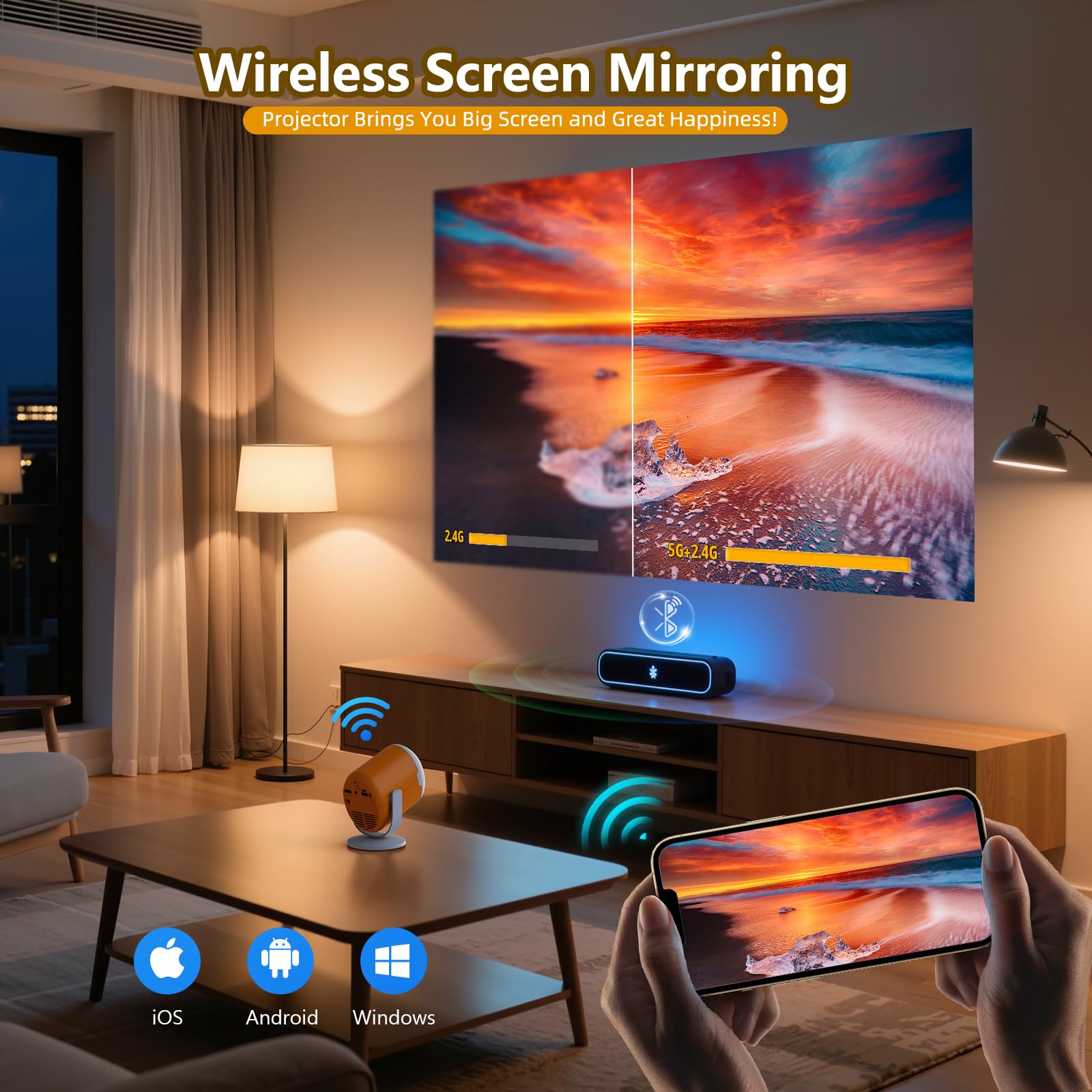 Mini Beamer Tragbarer Miniprojektor mit WLAN und Bluetooth Drehbarer Filmprojektor mit elektronischem Fokus LED-Pico-Projektoren für Heimkino Kompatibel mit Smartphone, TV-Stick, Laptop, HDMI, USB