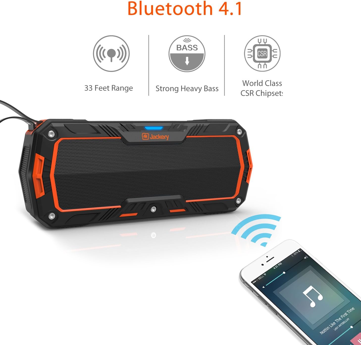 Jackery Boom - Wireless Bluetooth 4.1 Speaker 10W Subwoofers IP65 Water Resistant Dustproof Rugged Portable Bluetooth Speaker for Biking, Hiking, Camping, Beach, Poolside Party Outdoor Activities