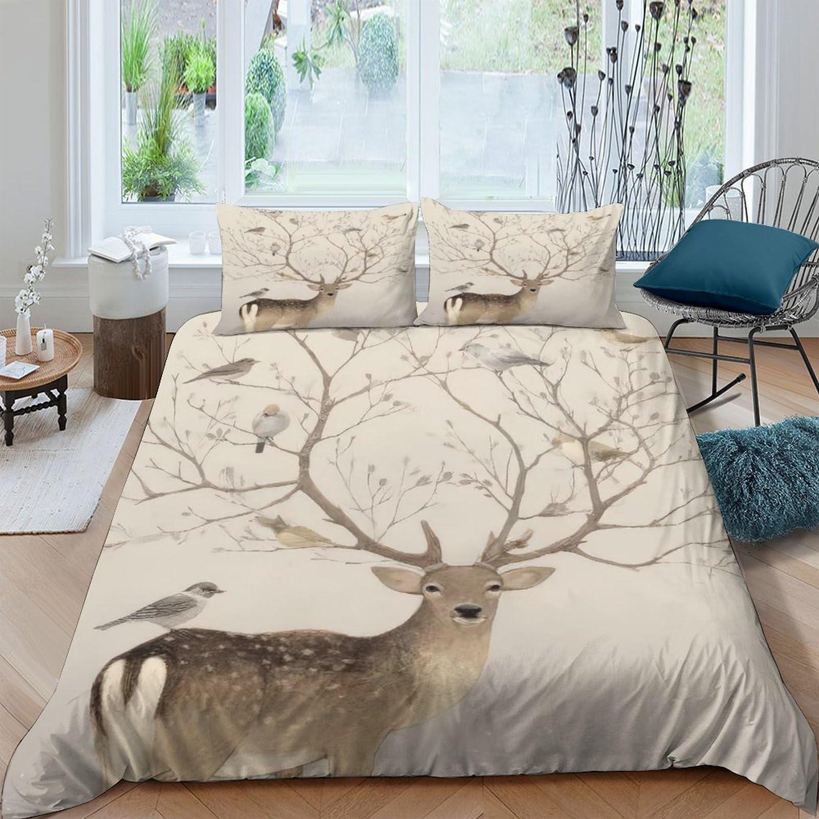 Ctjqhvkz Style-1 3D Printed Deer Forest Fitted Sheet Microfiber Soft Breathable Birds Tree Bed Cover For Bedroom Guest Room Decor Single（135X200cm）