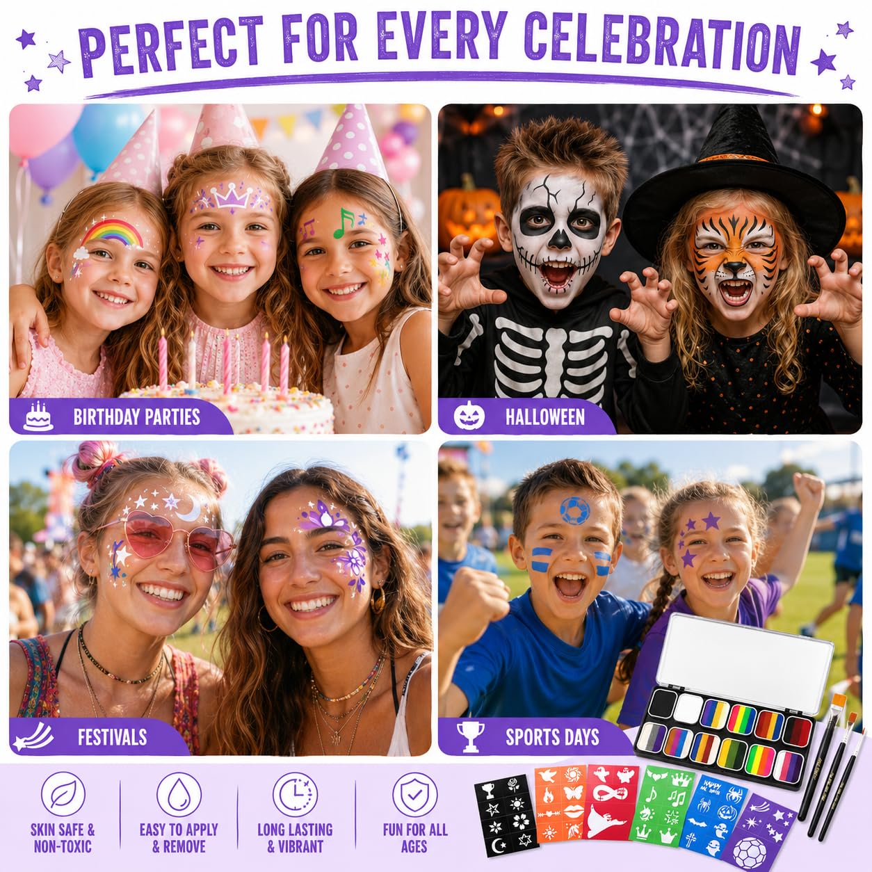 SPRINGSKY 39 Colors Face Paint Kit: Professional Face Painting Kit with 6 Stencils and 13 Brushes - Water Activated Facepaint Makeup Kit - Non Toxic Face Paint for Halloween and Christmas