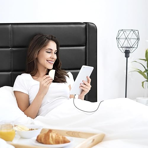 Miniatura 9 de Yaheetech Base de cama tamaño King con 2 estaciones de carga USBpuerto para cajones de almacenamiento tipo A y tipo C4, plataforma tapizada de cuero