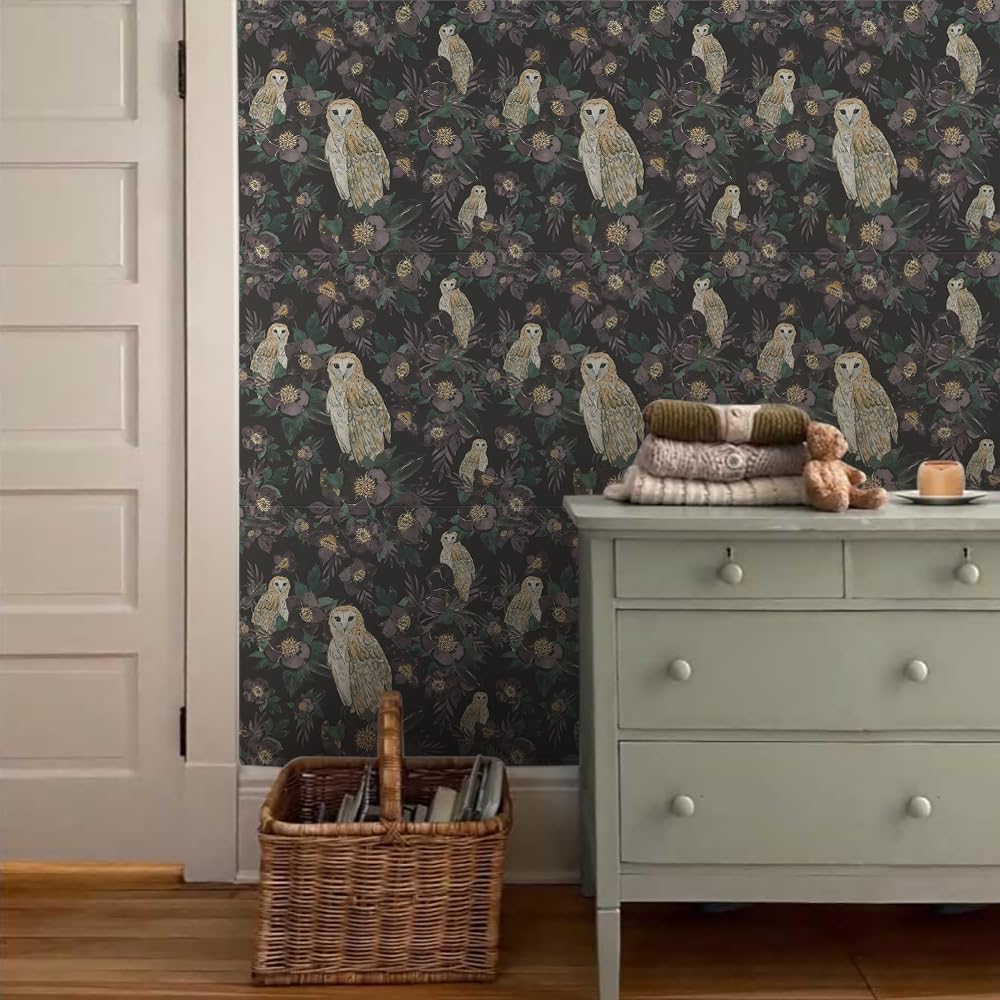 18"x236" Oil Painting Wild Night Owl Peel and Stick Self Adhesive Wallpaper Removable Contact Paper Stick on Easy Peel Off Wall Paper for Kitchen Bedroom Bathroom Renter