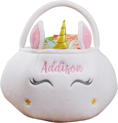 Personalization Universe Bolsa de felpa bordada de unicornio para Halloween, personalizable con cualquier nombre, perfecta para rellenar cestas de