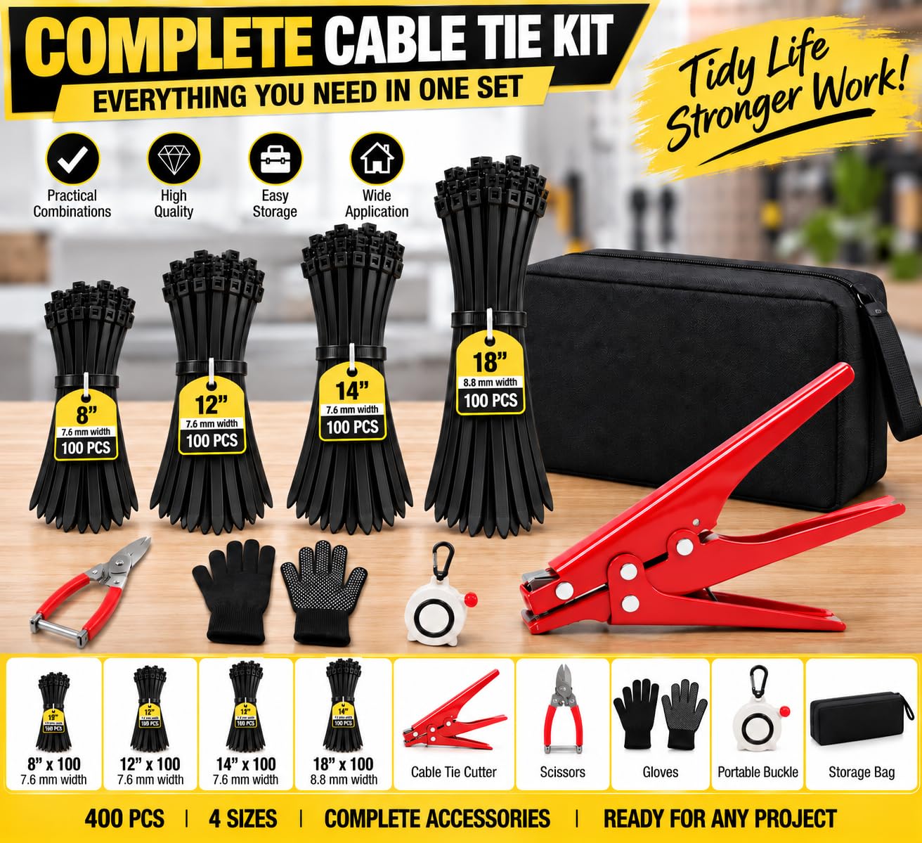 Kit per pistola per fascette fermacavi con 400 fascette nere con zip, 50,3/30,5/35,6/45,7 cm in nylon autobloccante e strumento regolabile per fascette con cerniera a filo, include forbici, guanti