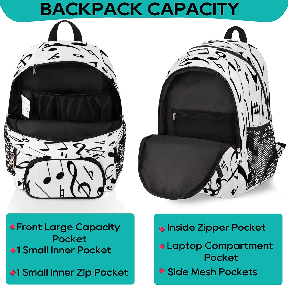 TropicalLife Rucksack mit Musiknoten, Mehrzweck-Rucksack für Kinder, Mädchen, Jungen, Männer, Frauen, 18,4 l, schwarzer Noten-Rucksack, Schule, Büchertasche, lässiger Laptop-Tagesrucksack, farbig,