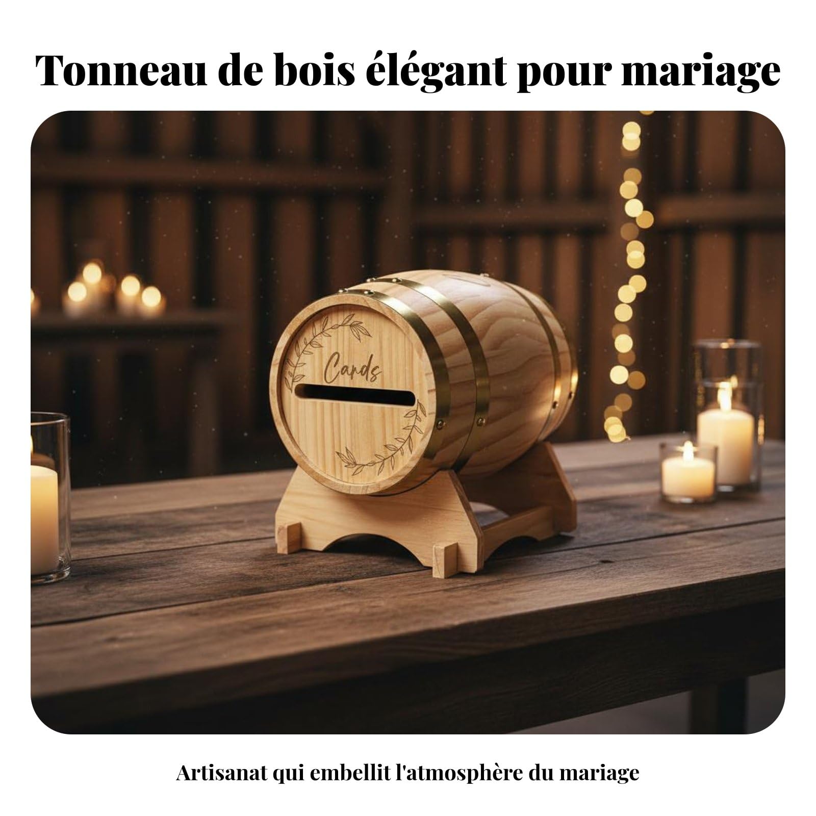 Urne de Mariage en Bois en Forme de Tonneau, Boîte Aux Lettres de Mariage, Boîte à Cartes de Mariage, Couvercle Amovible Boîte à Enveloppes Rustique d'événement pour Futurs Mariés, Anniversaire