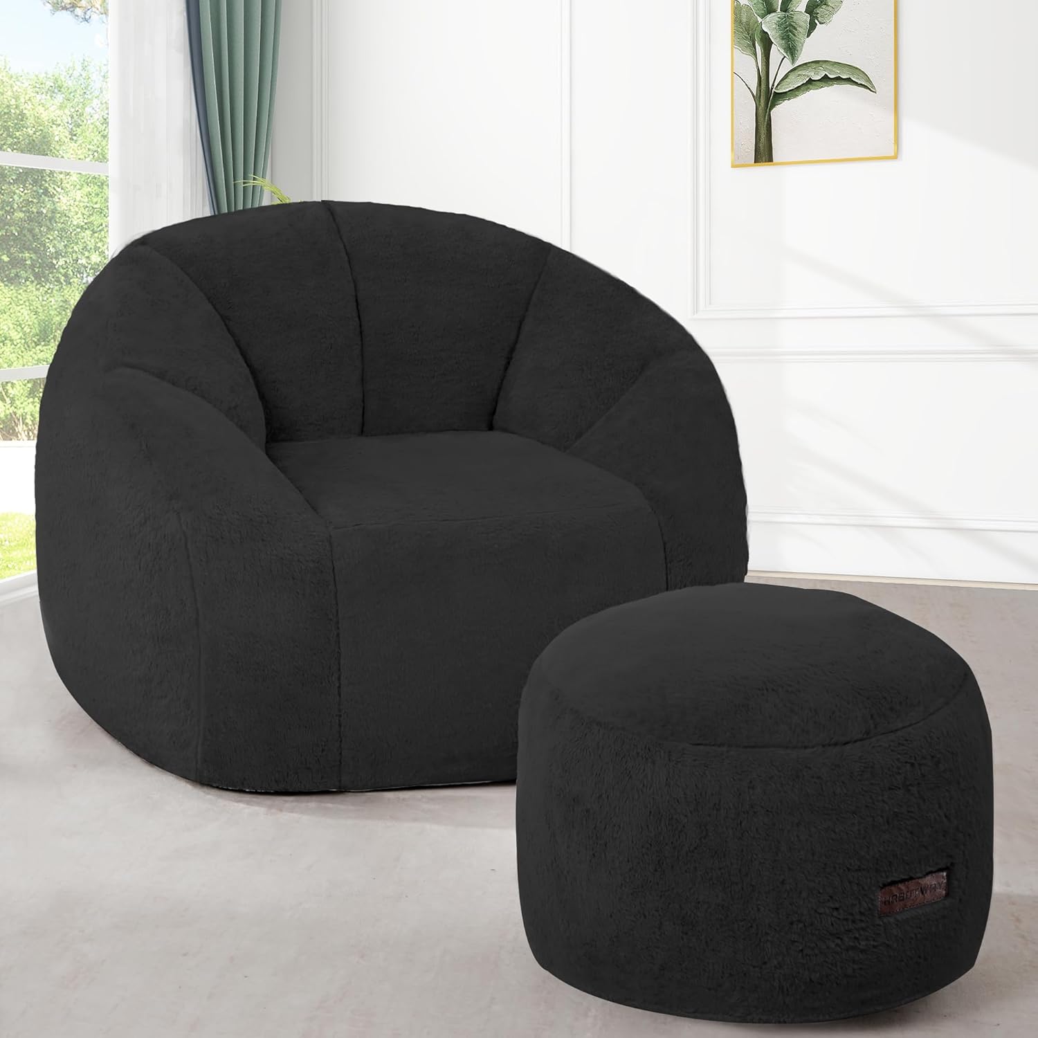 HABUTWAY Bean Bag Chair, Oversized Shell-Shaped Bean Bag Couch with Ottoman, Giant Beanbag Chair for Adults and Kids, Comfy Bean Bag Sofa & Footstool, Large Floor Sofa for Living Room Bedroom, Black