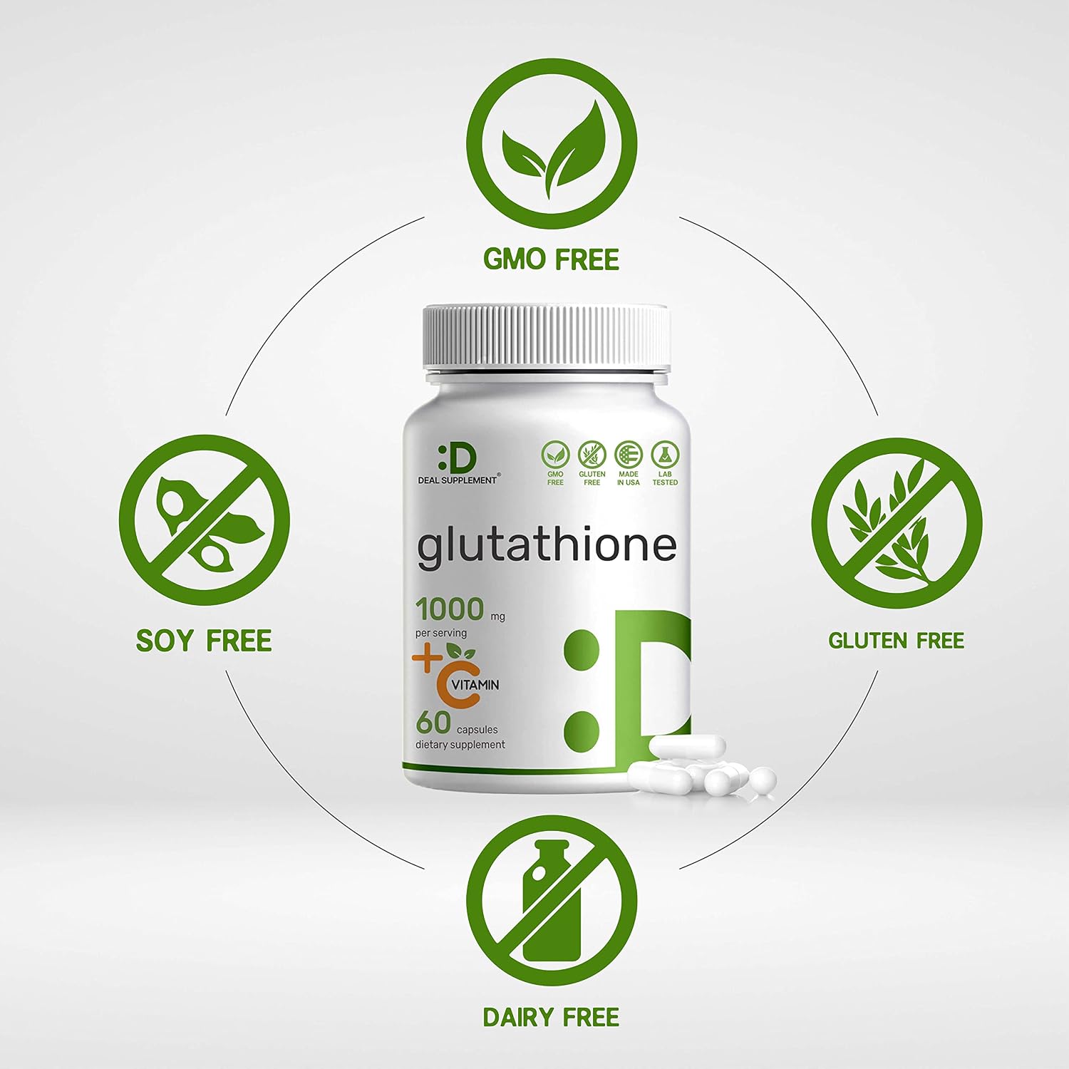 Glutathione Supplement 1000mg Per Serving, 98% Purity | Plus Vitamin C 500mg, Active Reduced Form (GSH) | 60 Capsules - Intracellular Antioxidant, Detoxification* Support, Immune & Skin Whitening