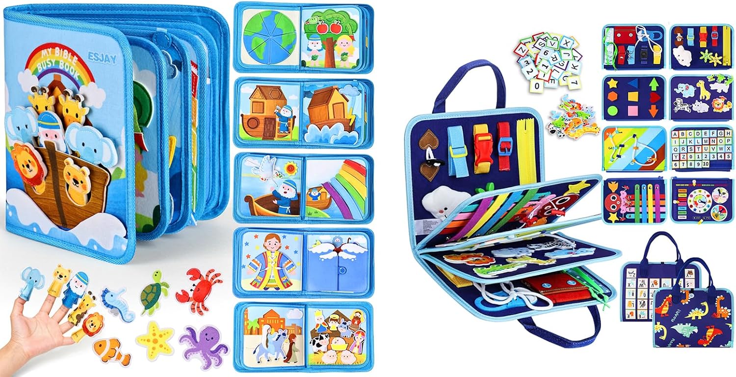 Esjay Toddler Busy Board Montessori Toys, Sensory Board Educational Activities for Learning Fine Motor Skills, Birthday Gifts for Toddlers, Travel Toys for Airplane Car, Blue Dinosaur