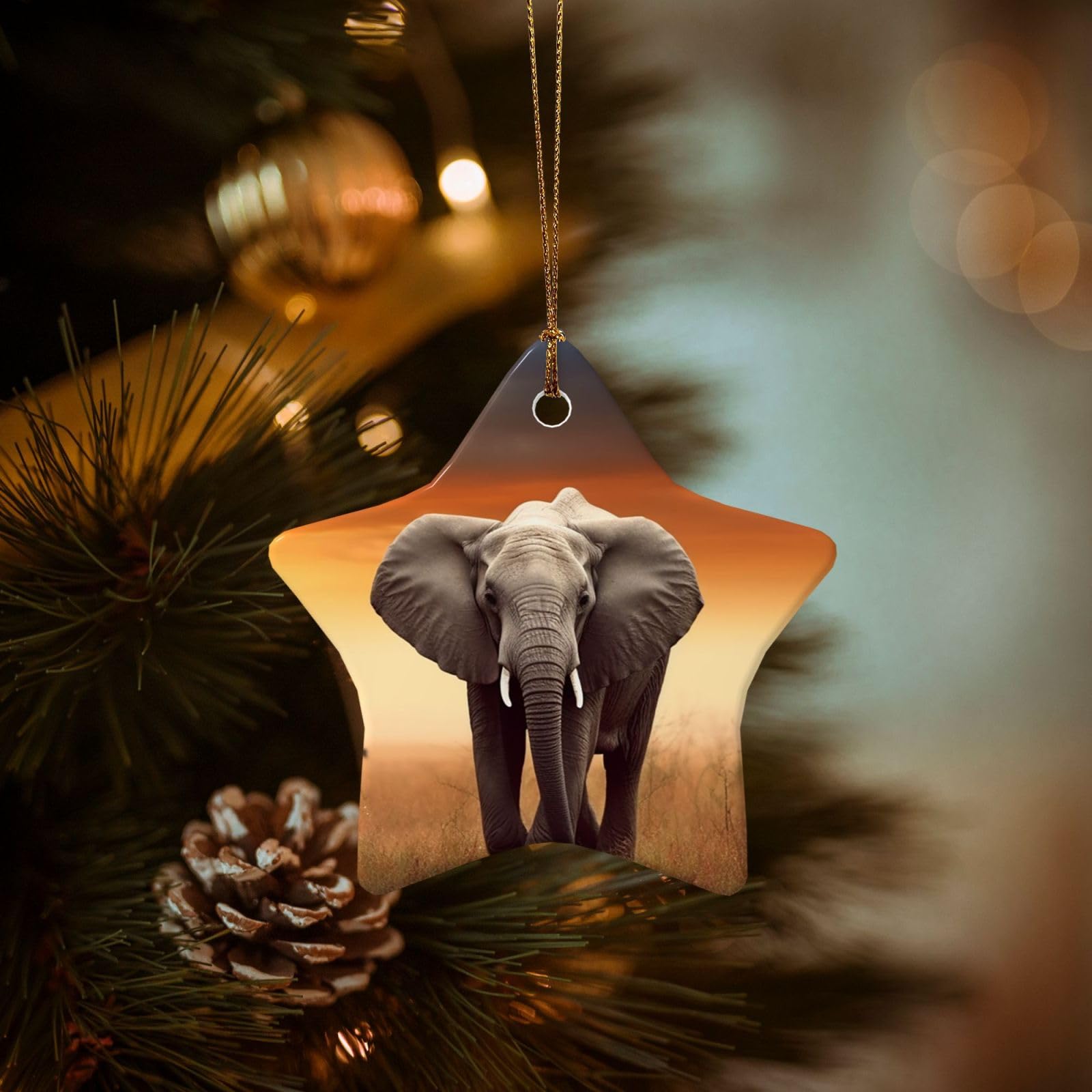 Christmas Tree Ornaments Ceramics Christmas Decorations Cute Wild Elephant Ornaments with Gold Ribbon Porcelain Xmas Tree Crafts Star Shape Hanging Pendant for Christmas Tree Party Decor