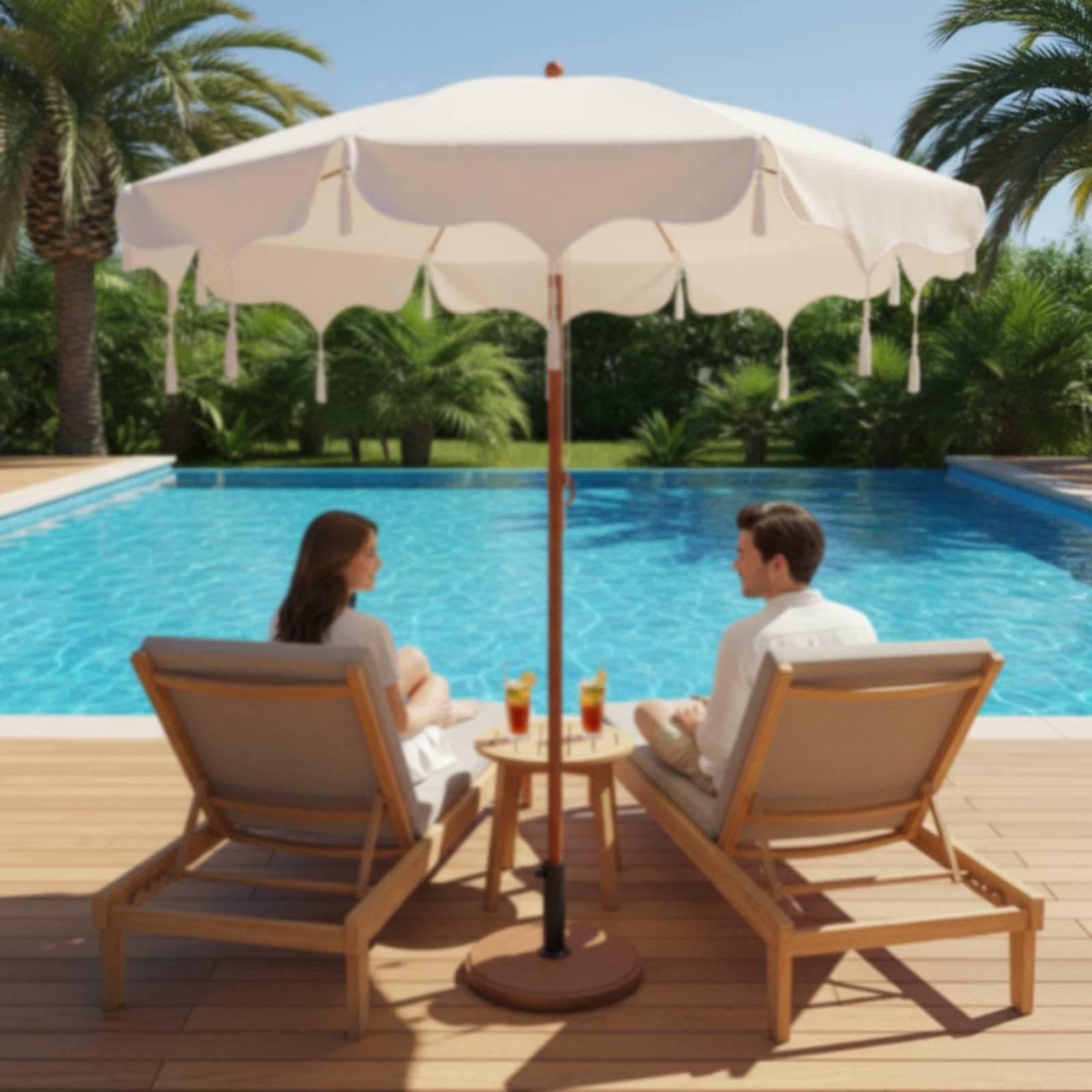 Patio Umbrella Bohemio con Flecos Mecanismo Ajustable de Inclinación Tejido de Nylon de Alta Densidad Accesorios Funcionales y Resistente para Patio