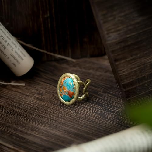 Miniatura 5 de HZMAN Anillo abierto turquesa natural, estilo palacio vintage, ajustable, de latón antiguo, grueso, joyería hecha a mano para mujer