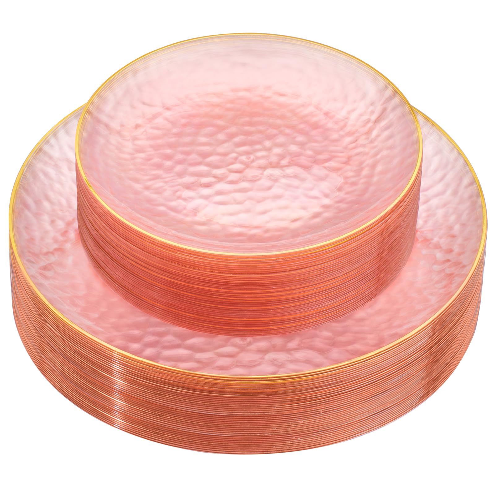 Photo 1 of ** ONLY 4** Rubtlamp 4Pcs Pink Plastic Plates,Clear Pink Plates With Gold Rim,Hammered Gold Plates Include 30Pink Plastic Dessert Platos, 30Gold Dinner Platos For Party