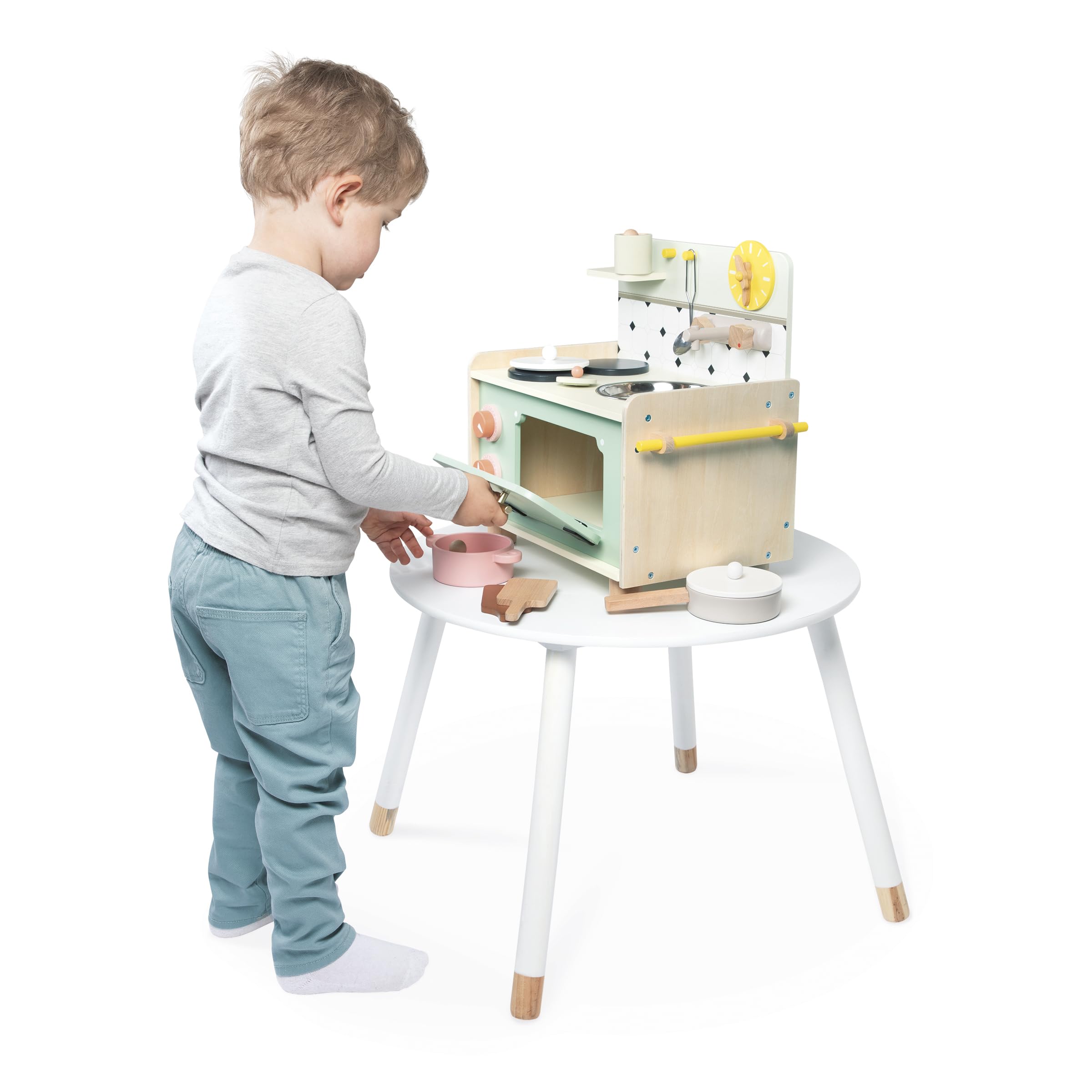 Janod - Cocinita Infantil de Madera - Minicocina Infantil - Equipada con Horno, Fregadero y 10 Accesorios Incluidos - Botones Sonoros Giratorios - Juguete de Imitación - A Partir de 2 años
