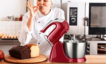 5 Speed Electric Stand Mixer with Stainless Steel Bowl Beaters and Dough Hooks, 3 Quart Red