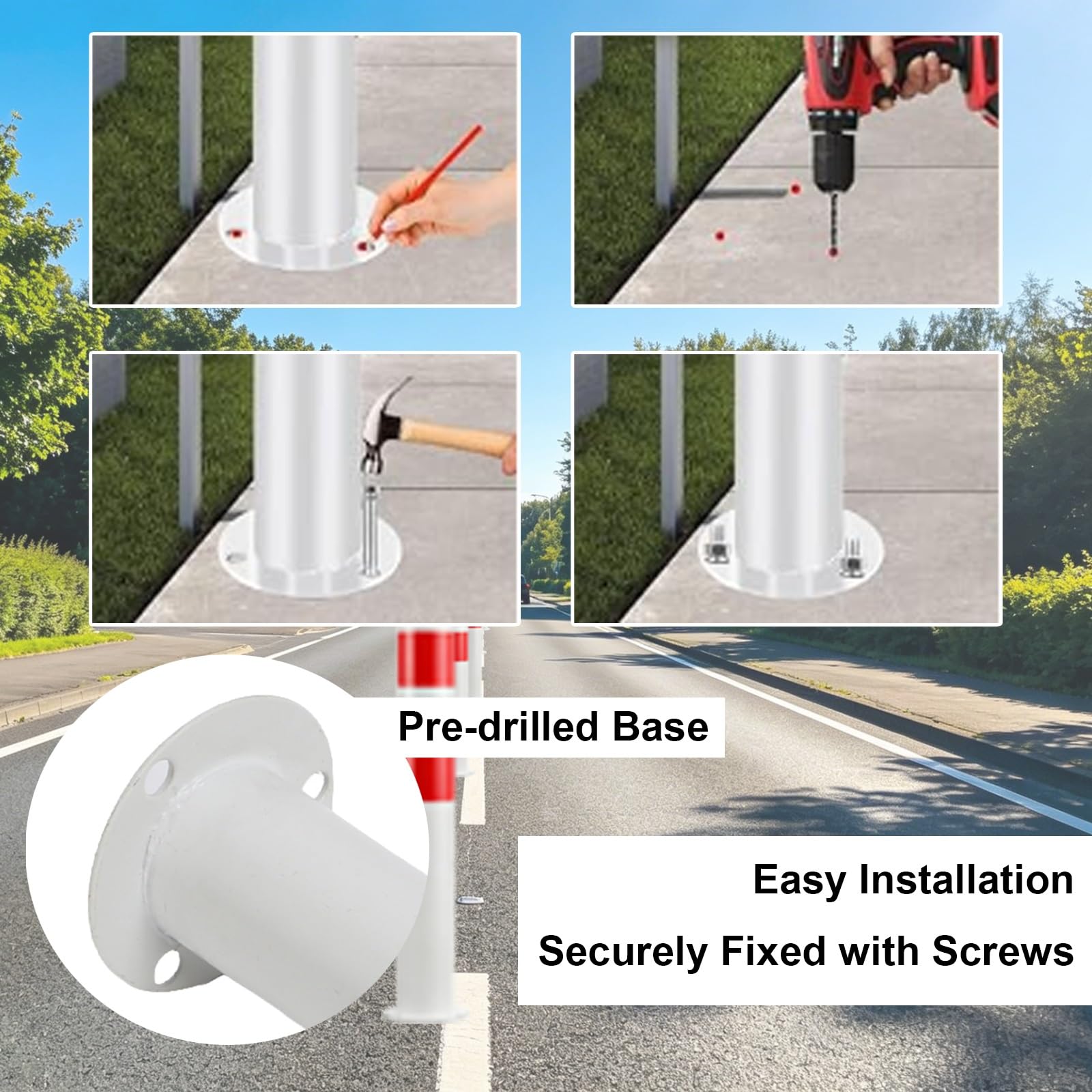 Sicherheits-Absperrpoller Aus Stahl, Feststehender Parkplatz-Sperrpfosten, Warnpoller, Mit Reflexfolie, Für Einfahrten, Parkplätze Und Fußgängerzugänge(White2-1pc)